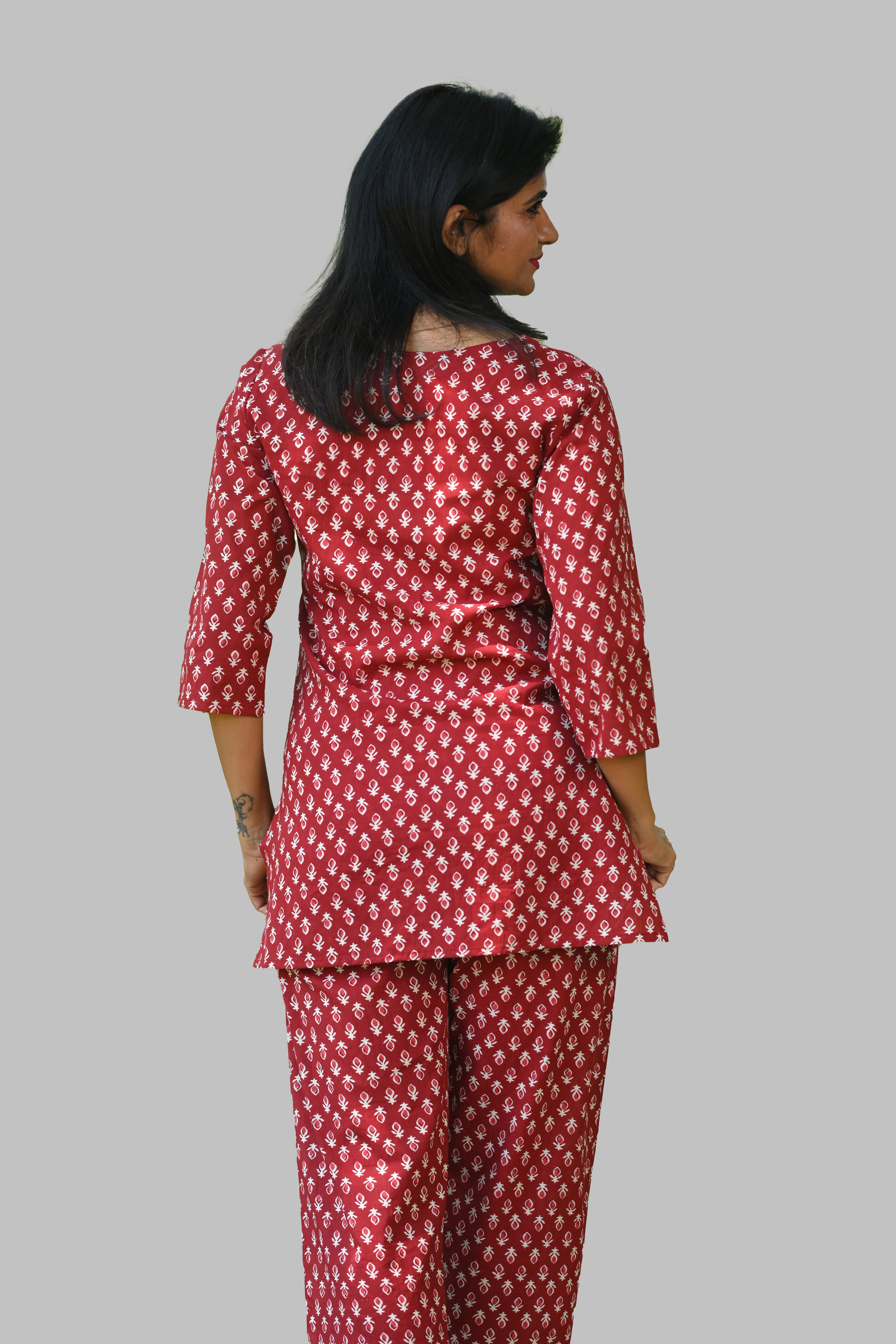 Maroon Butta Cotton Printed Pyjama Set
