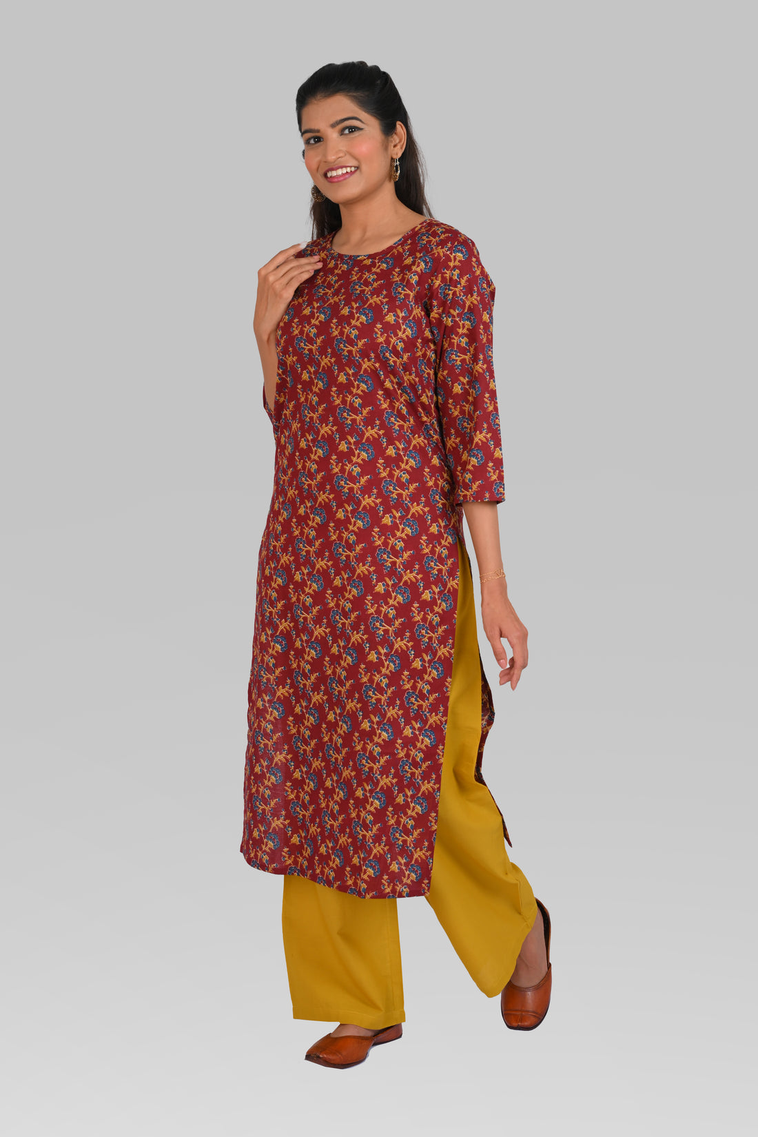 Maroon Cotton Printed Kurta Set