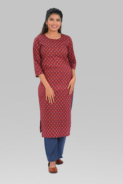 Maroon Cotton Printed Kurta Set