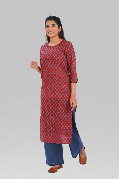 Maroon Cotton Printed Kurta Set