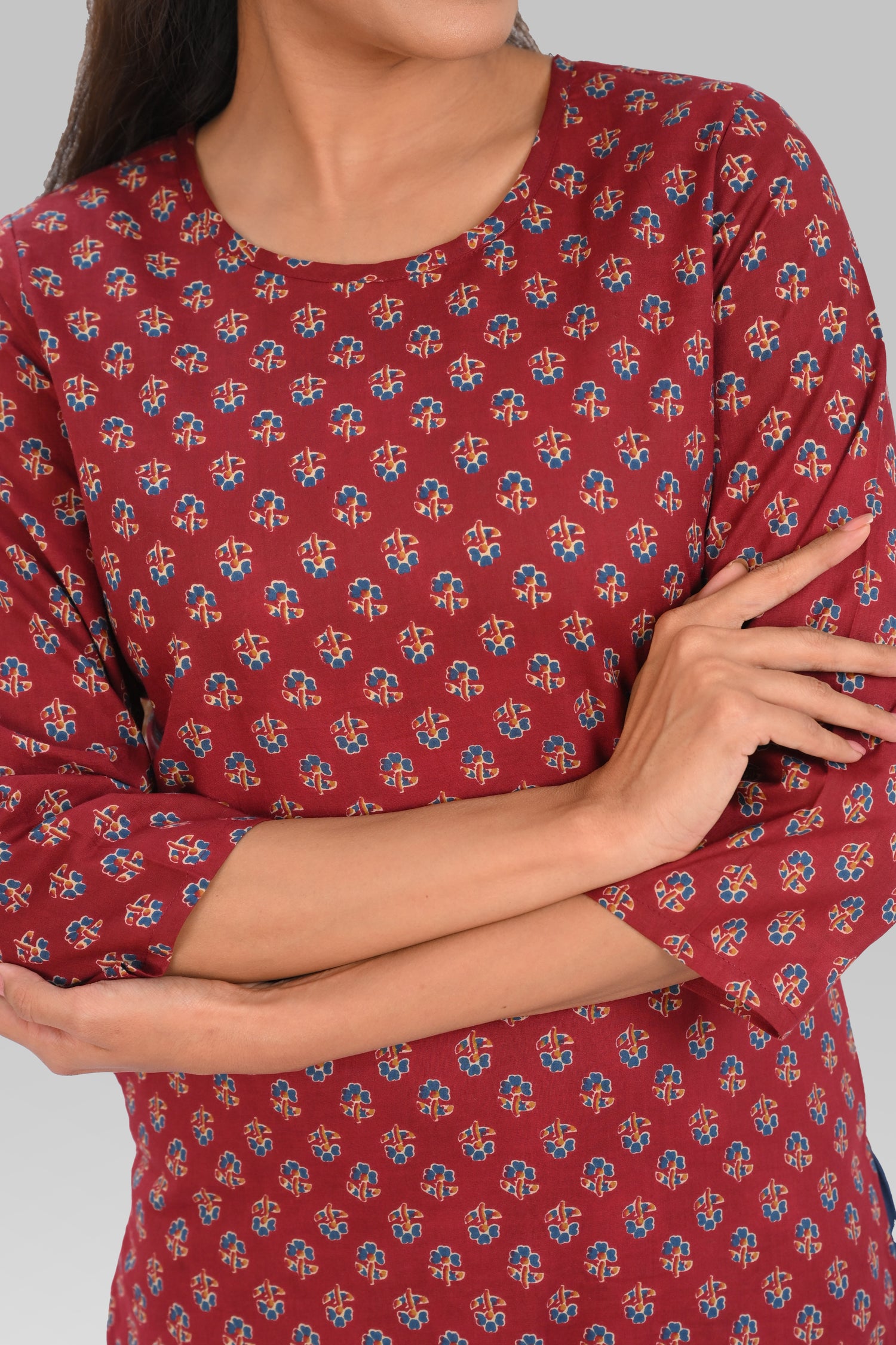 Maroon Cotton Printed Kurta Set