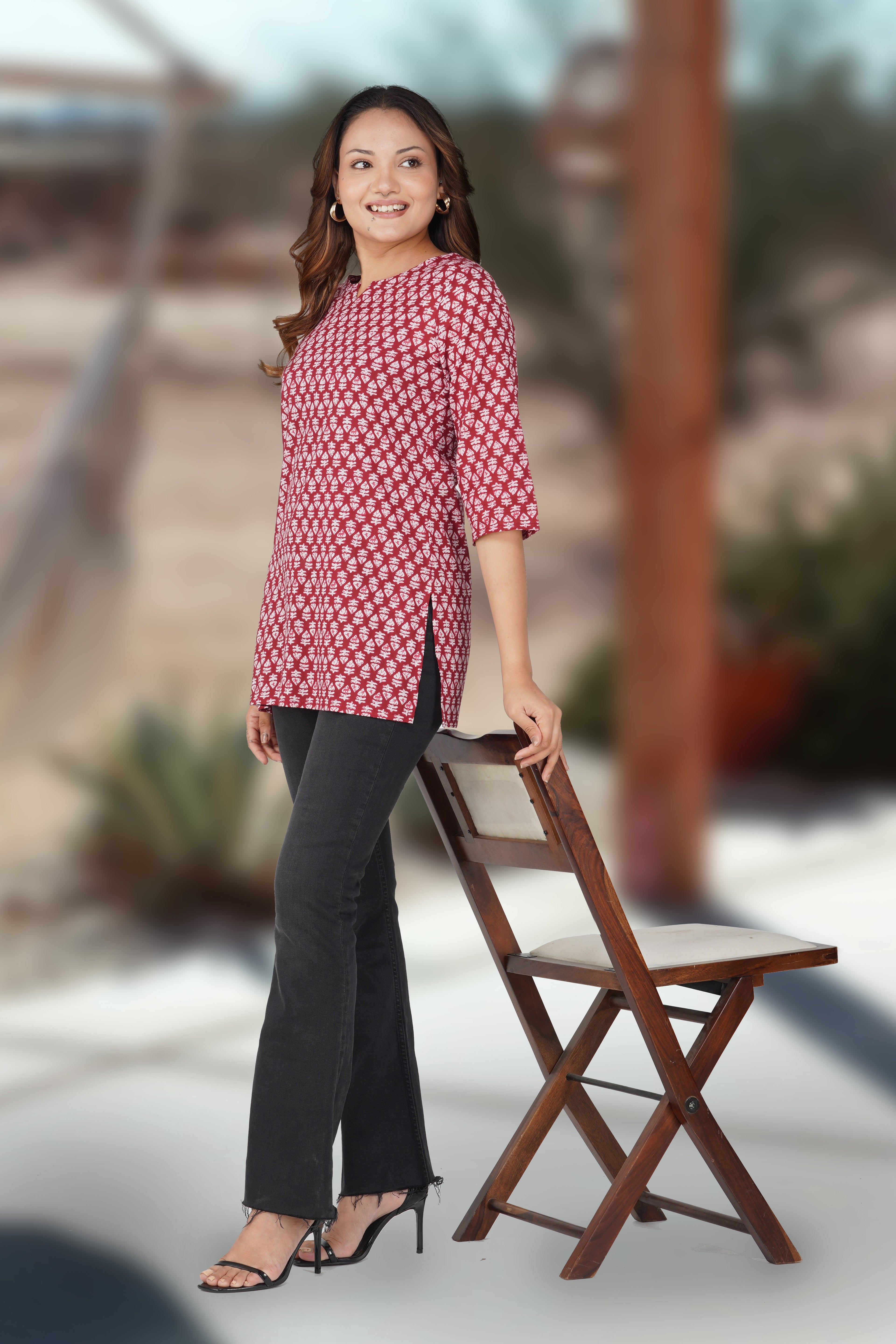 Maroon Cotton Printed Kurti