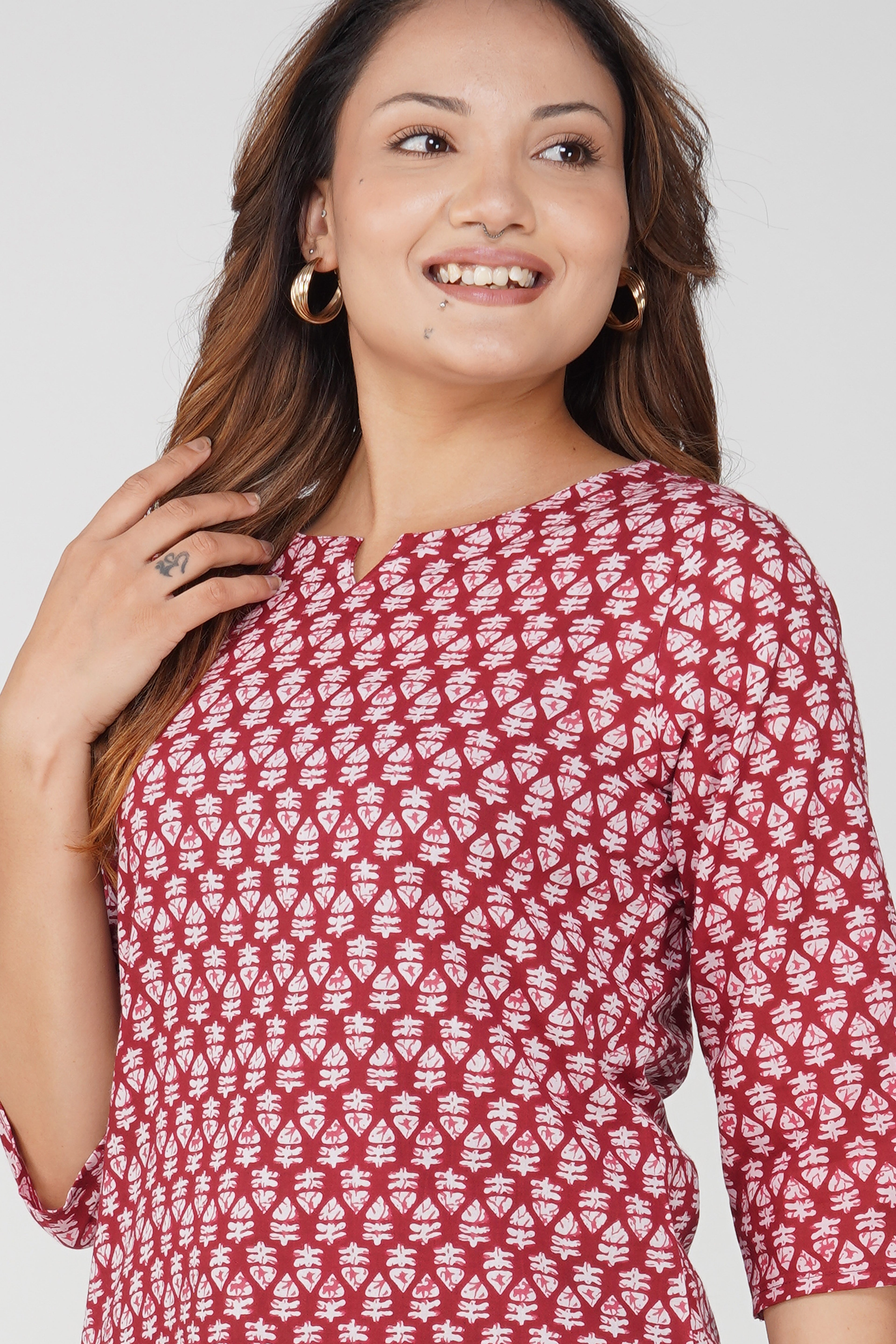 Maroon Cotton Printed Kurti