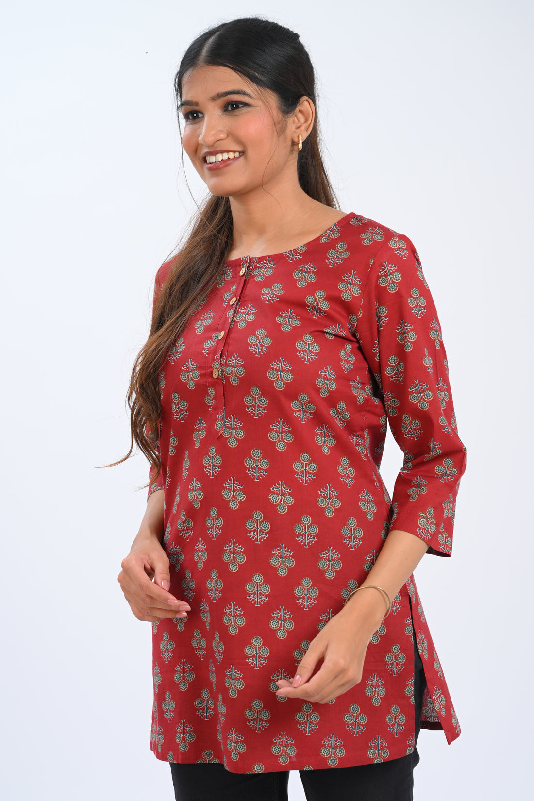 Maroon Cotton Printed Short Kurti