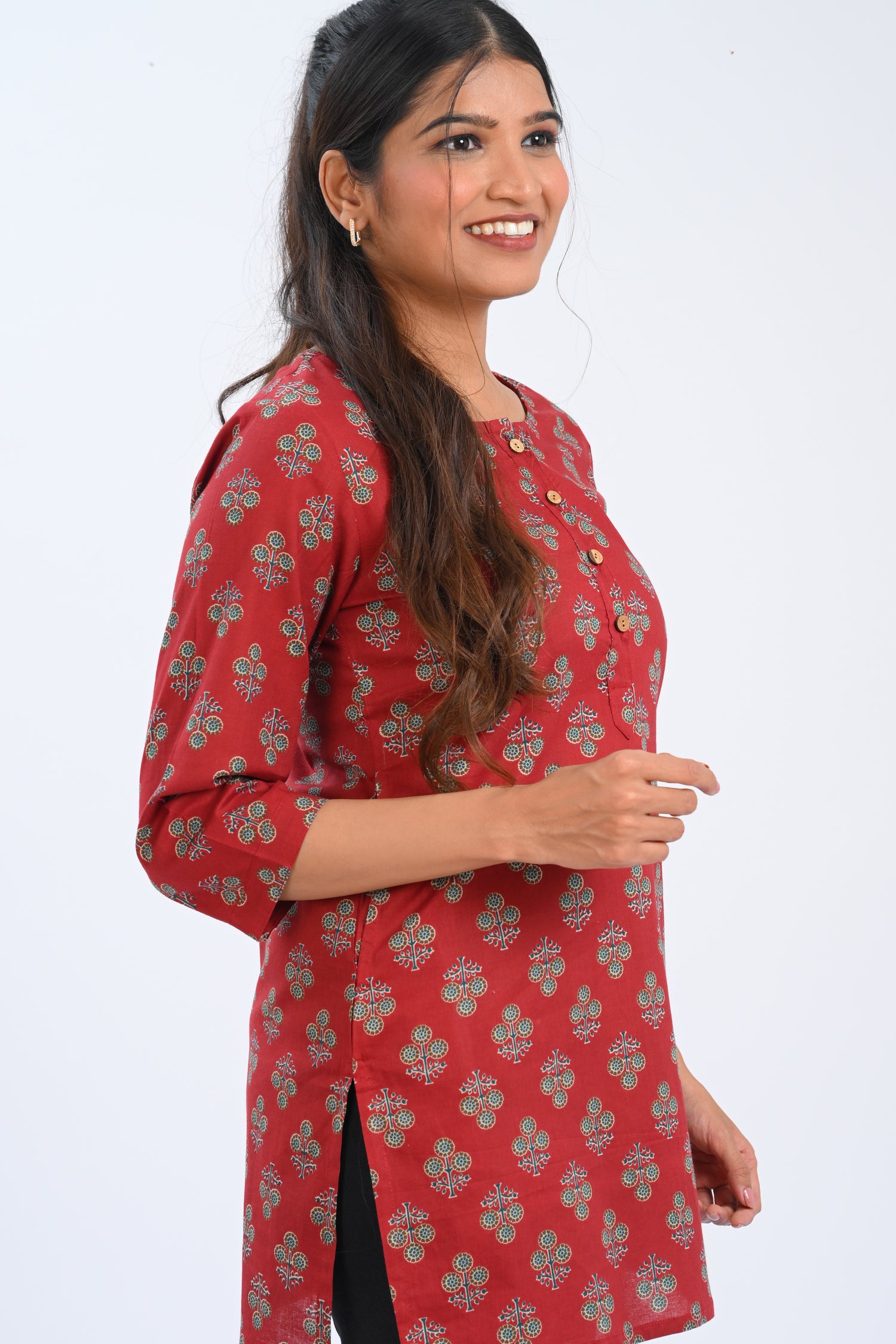 Maroon Cotton Printed Short Kurti