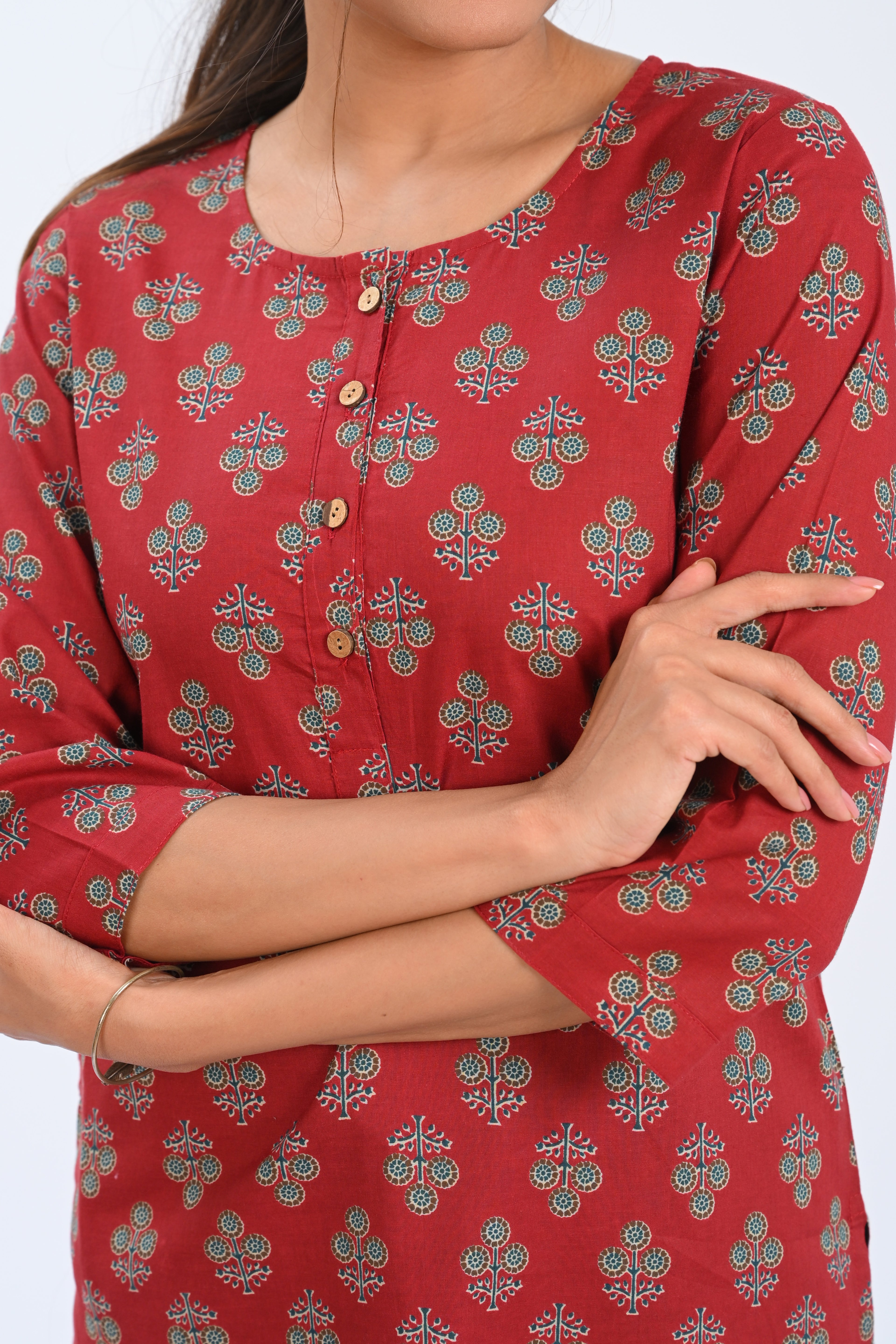 Maroon Cotton Printed Short Kurti