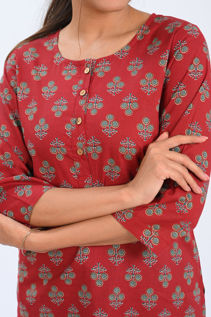 Maroon Cotton Printed Short Kurti