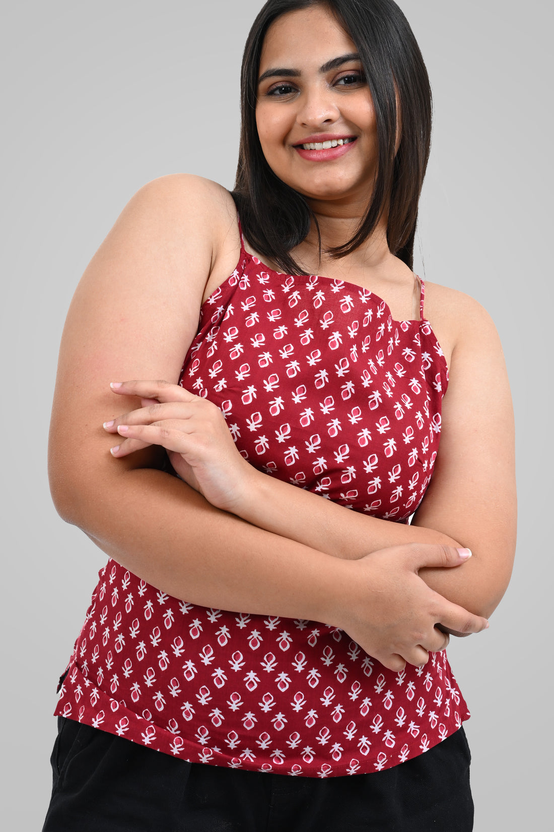 Maroon Cotton Printed Strap Top