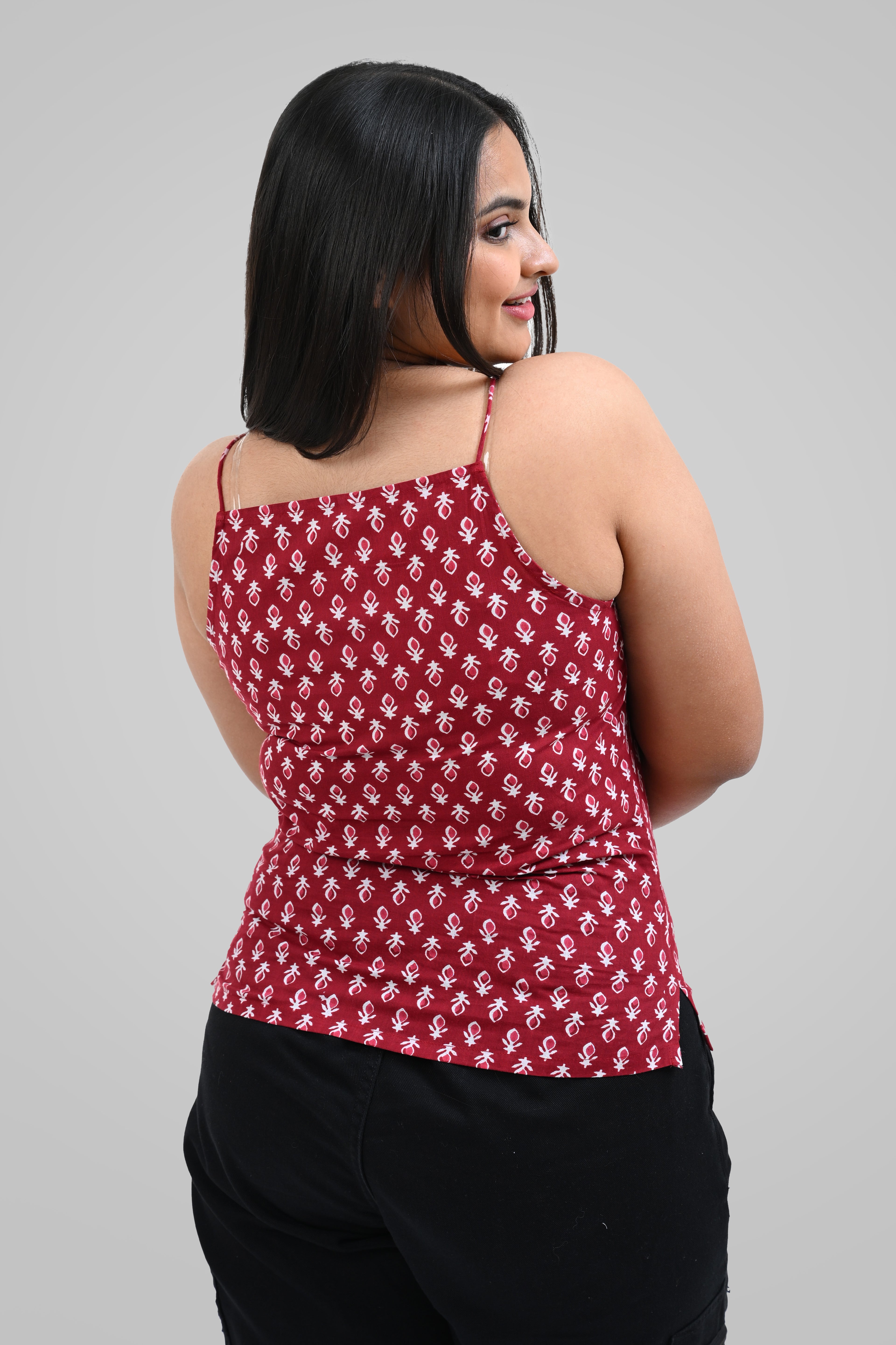 Maroon Cotton Printed Strap Top