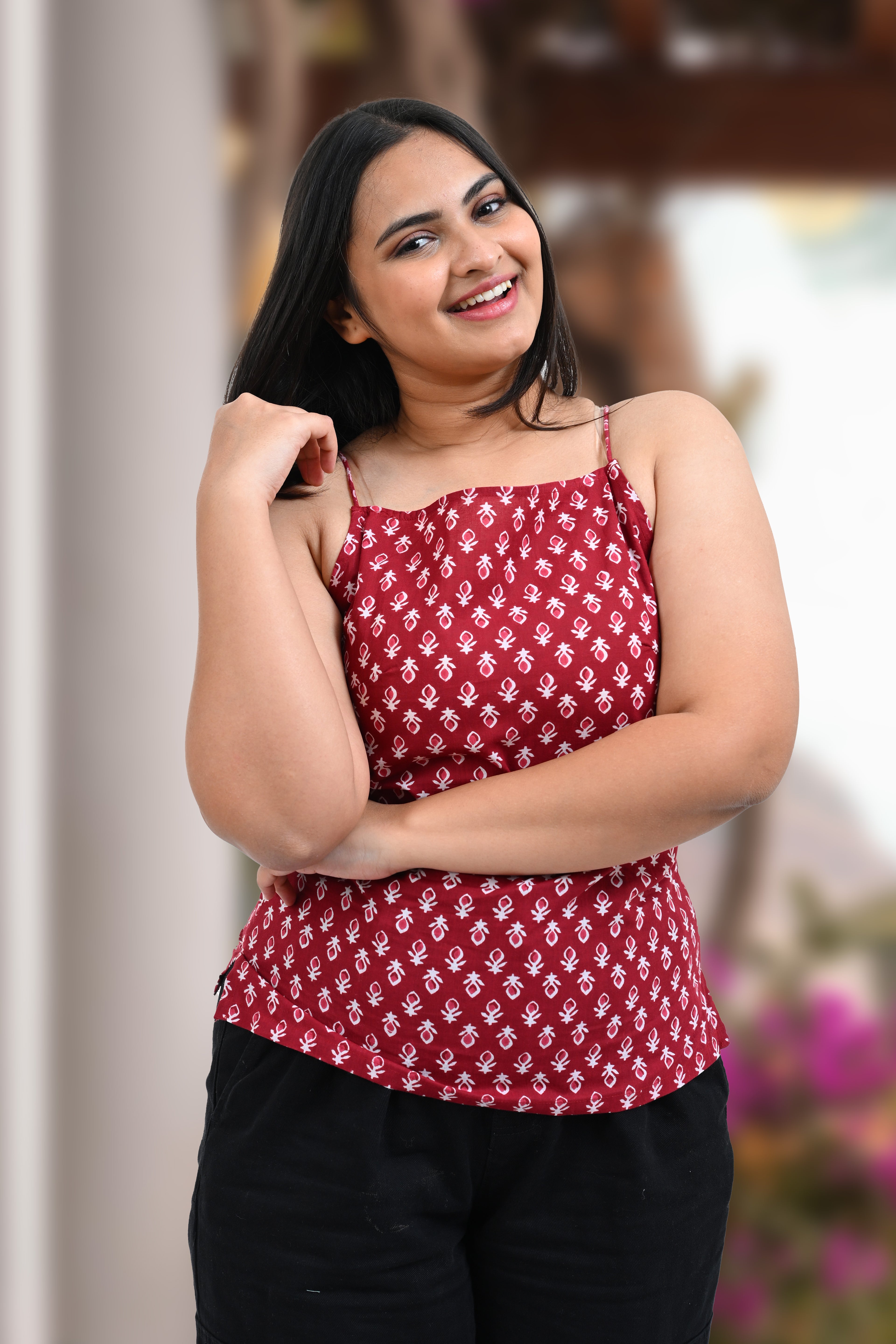 Maroon Cotton Printed Strap Top