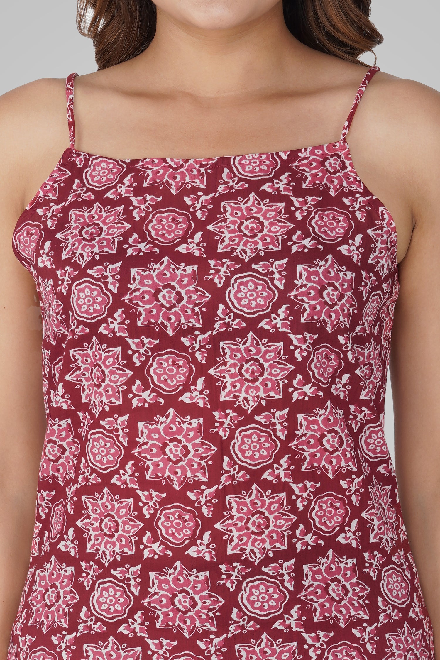 Maroon Mandala Cotton Printed Strap Top