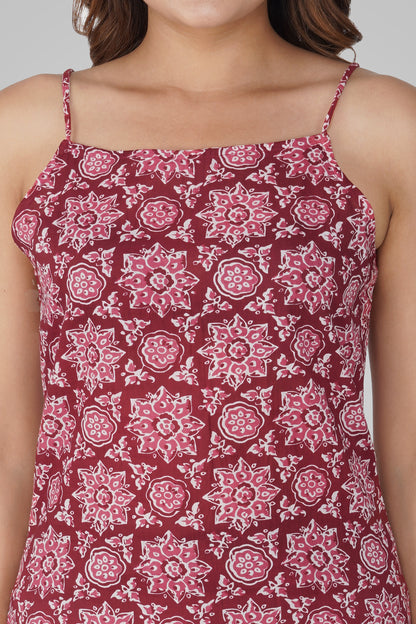 Maroon Mandala Cotton Printed Strap Top