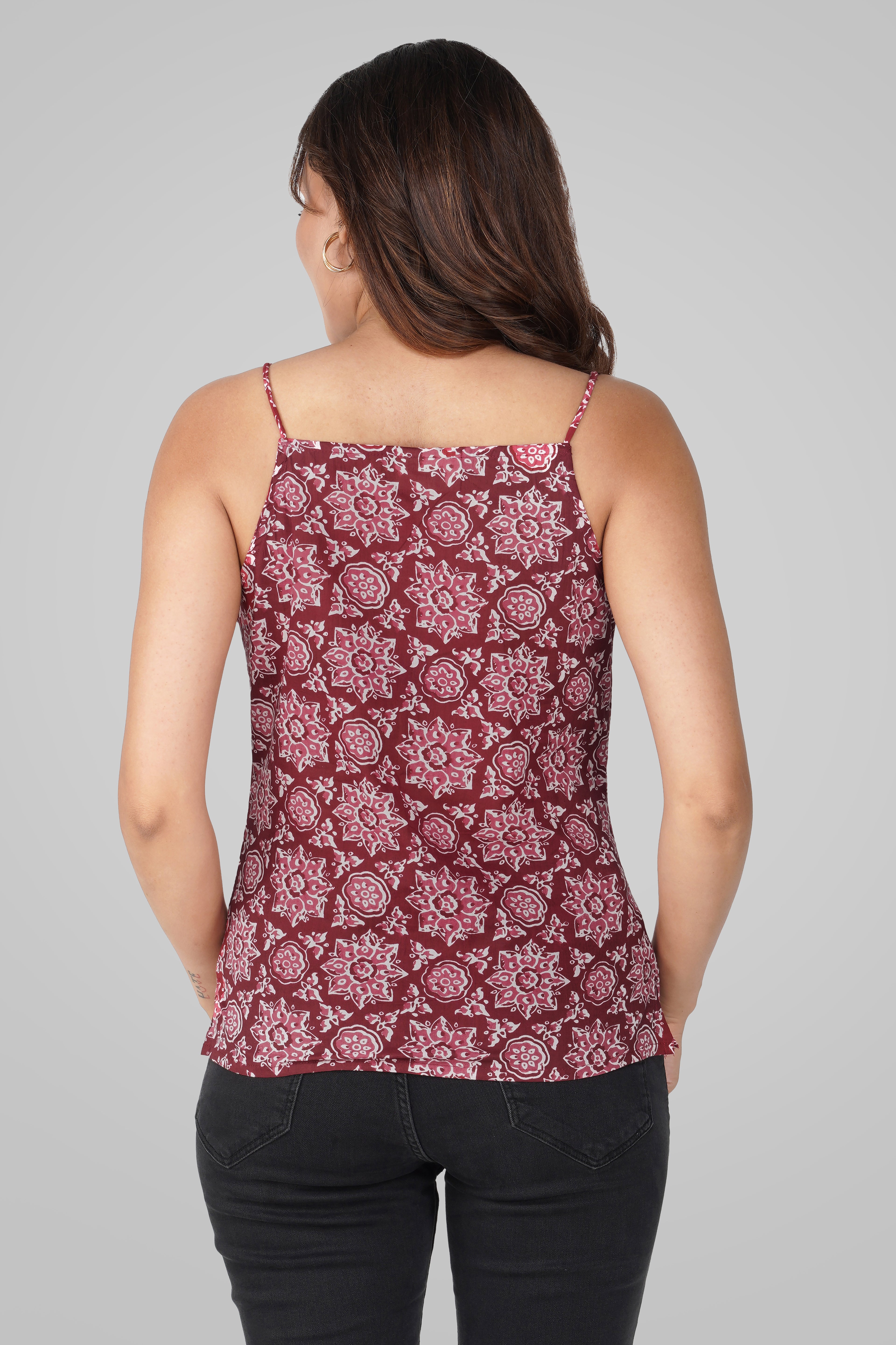Maroon Mandala Cotton Printed Strap Top