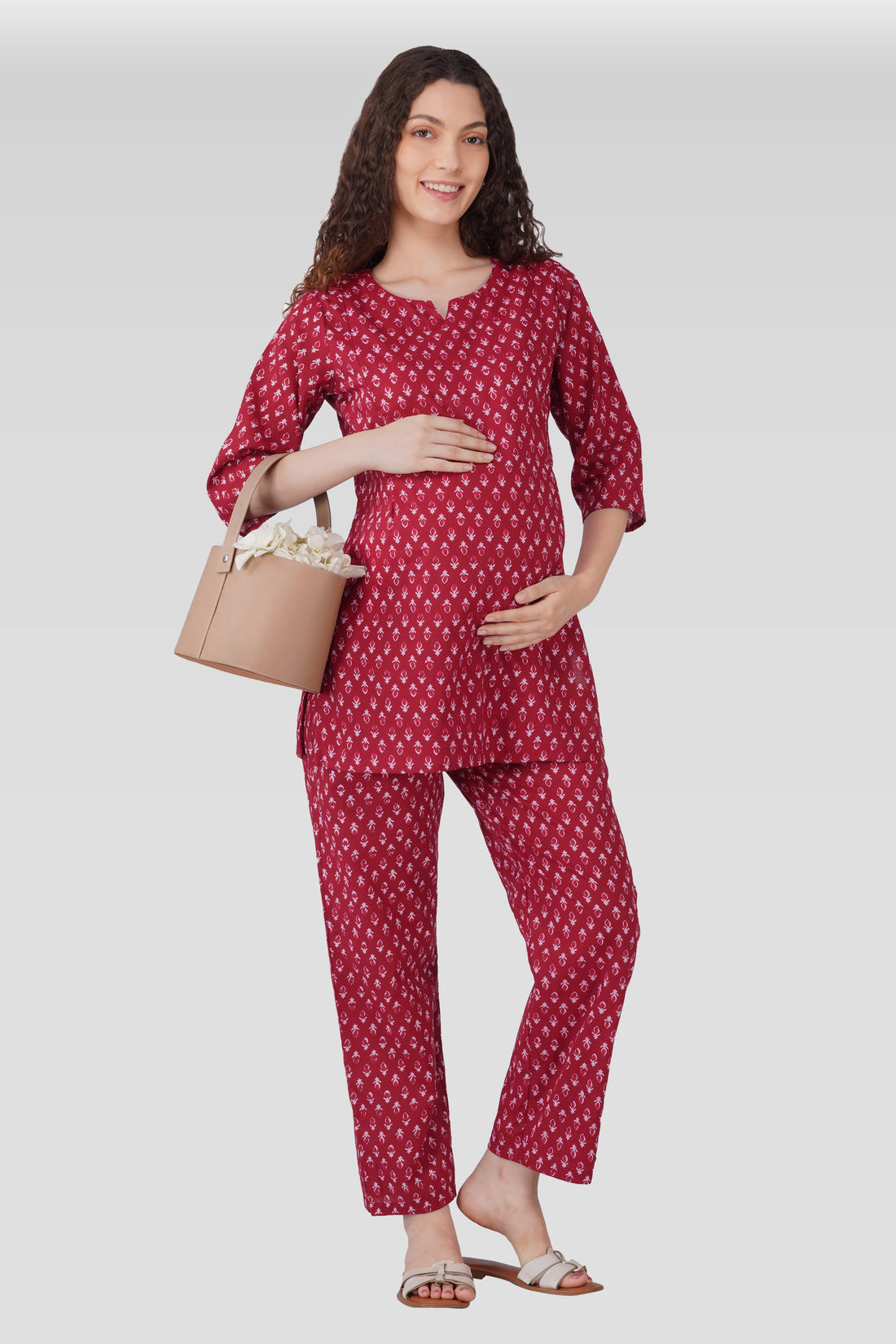 Maroon Butta Cotton Printed Maternity and Feeding Pyjama Set