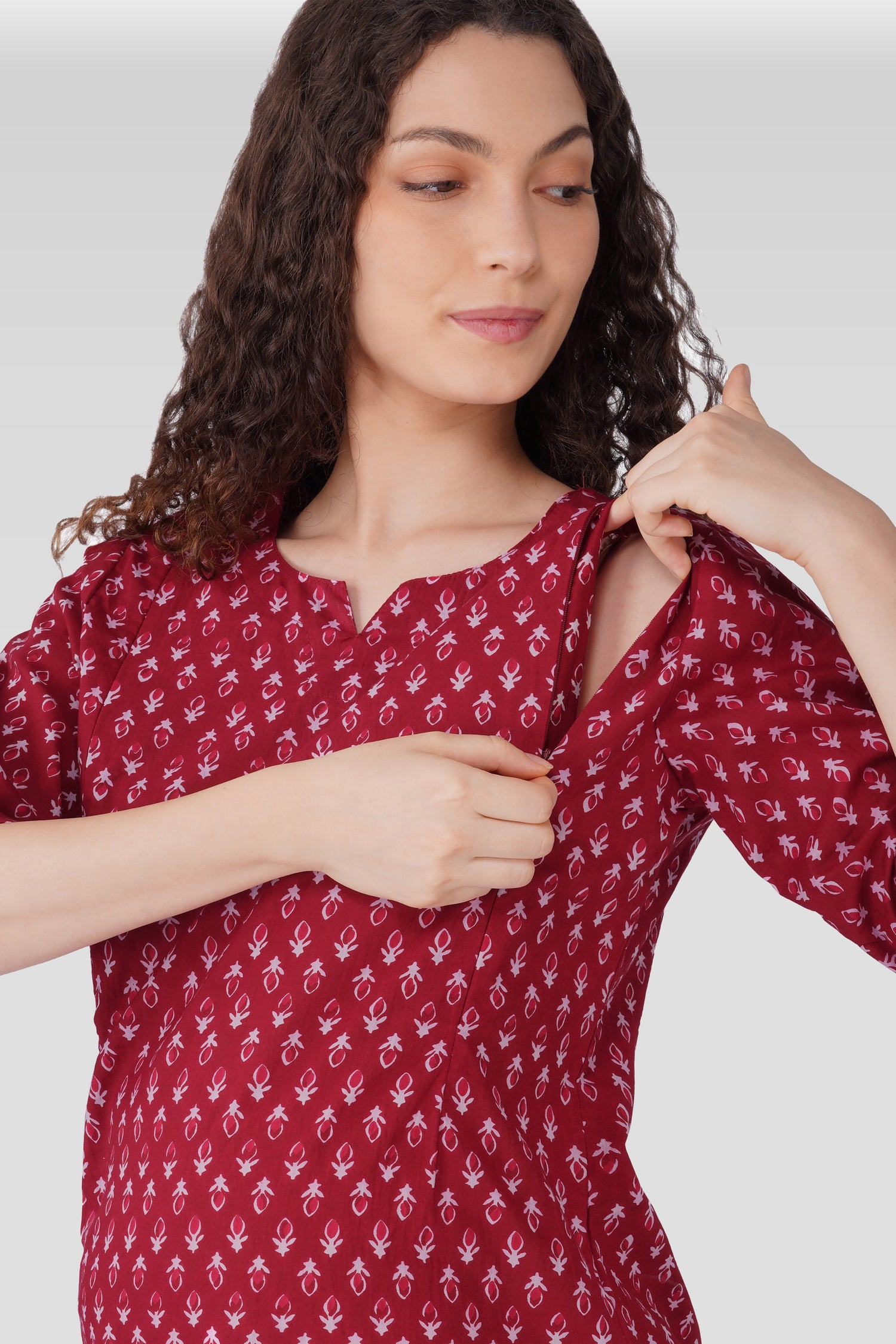 Maroon Butta Cotton Printed Maternity and Feeding Pyjama Set
