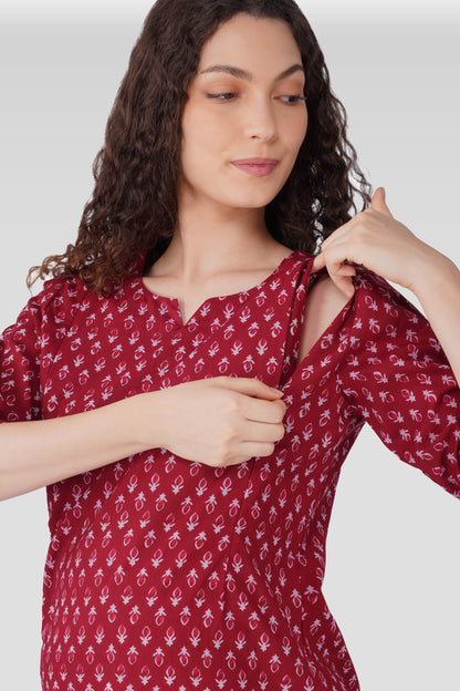 Maroon Butta Cotton Printed Maternity and Feeding Pyjama Set