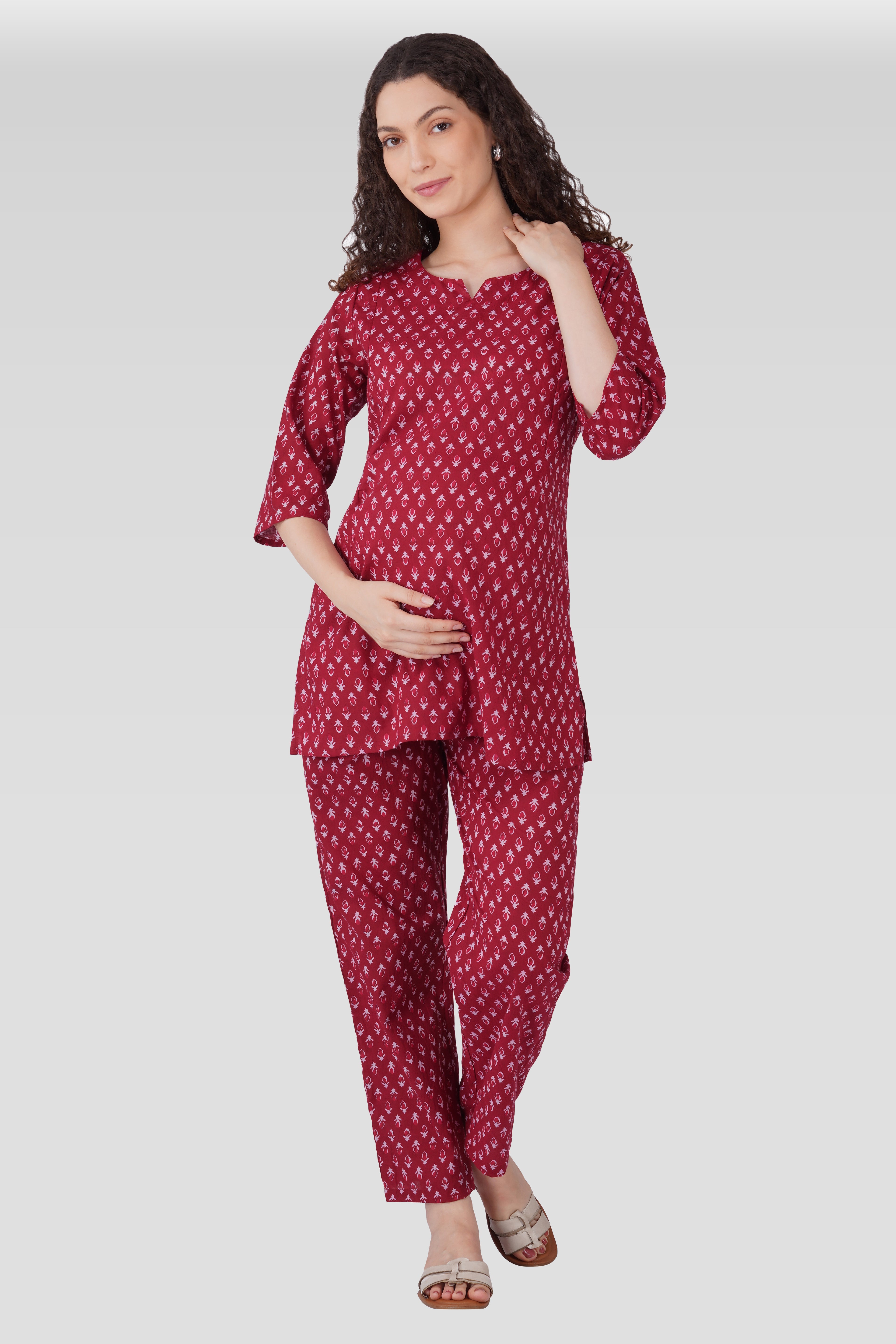 Maroon Butta Cotton Printed Maternity and Feeding Pyjama Set