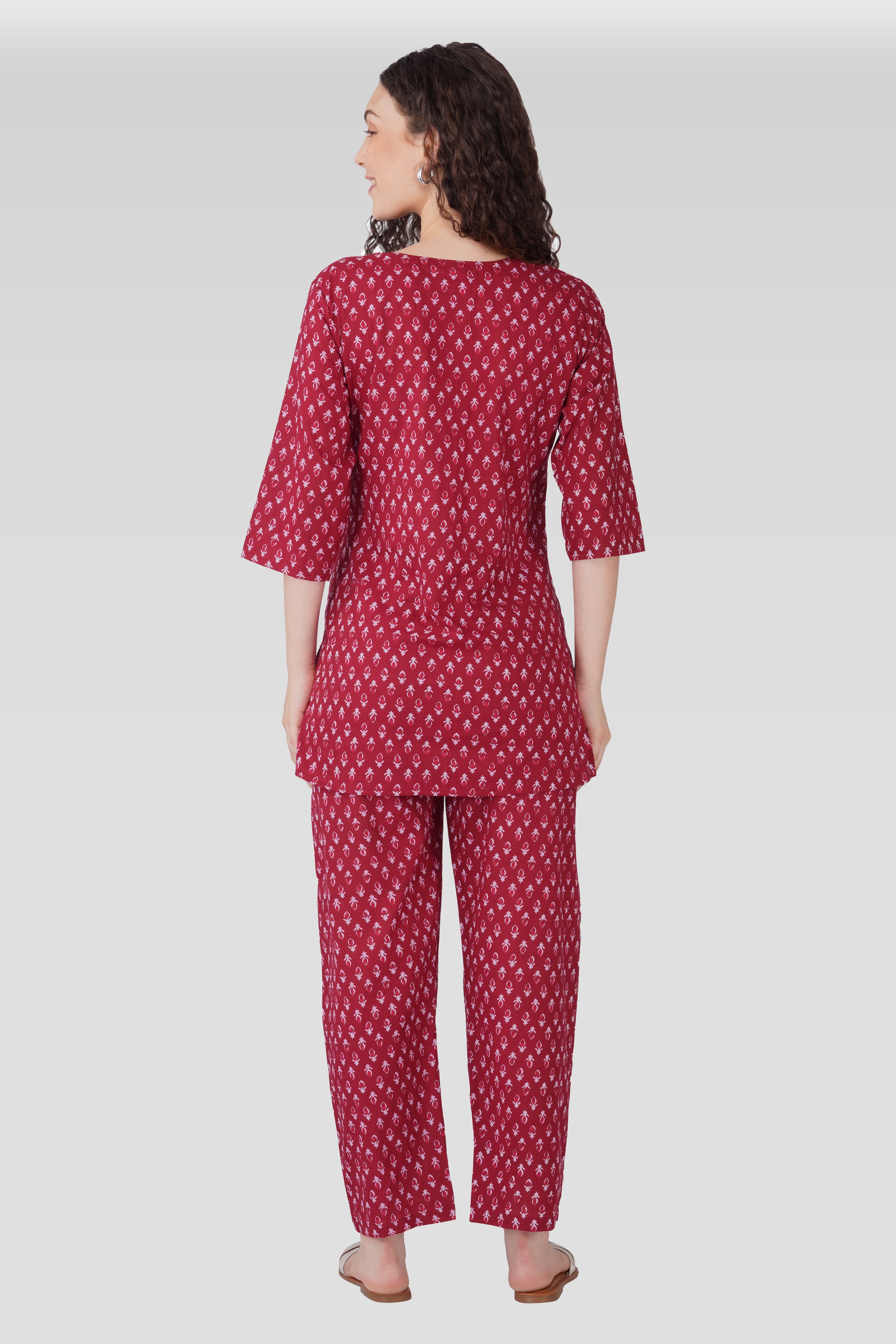 Maroon Butta Cotton Printed Maternity and Feeding Pyjama Set