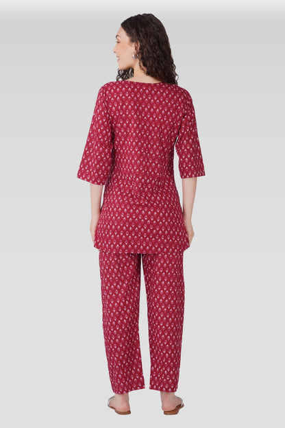 Maroon Butta Cotton Printed Maternity and Feeding Pyjama Set