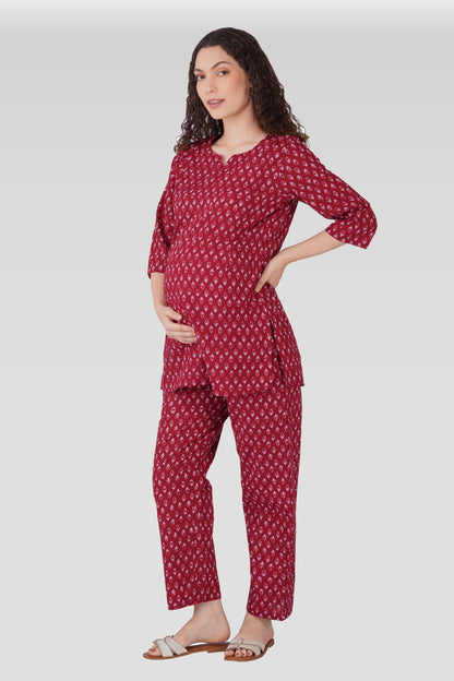 Maroon Butta Cotton Printed Maternity and Feeding Pyjama Set