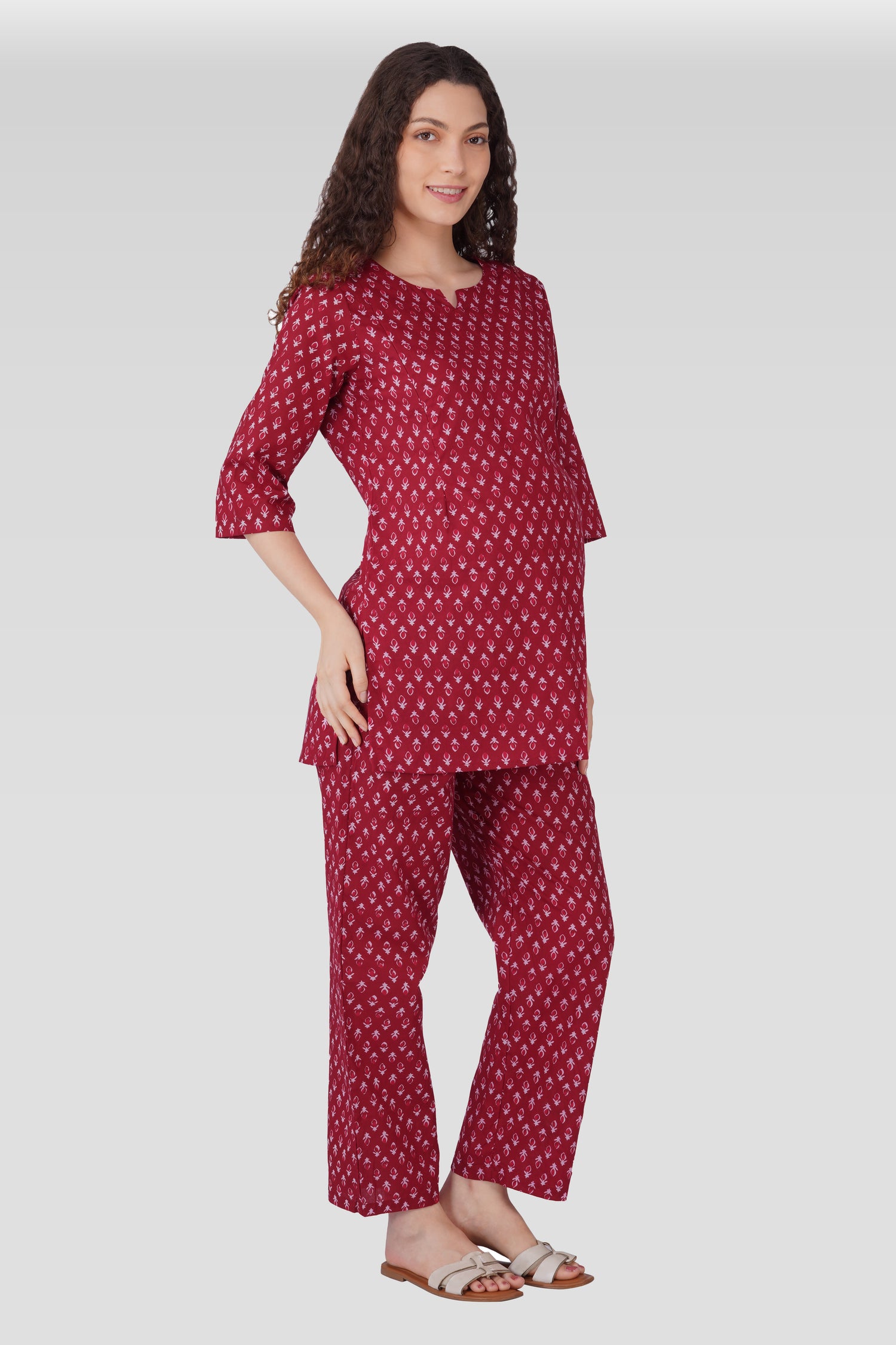 Maroon Butta Cotton Printed Maternity and Feeding Pyjama Set