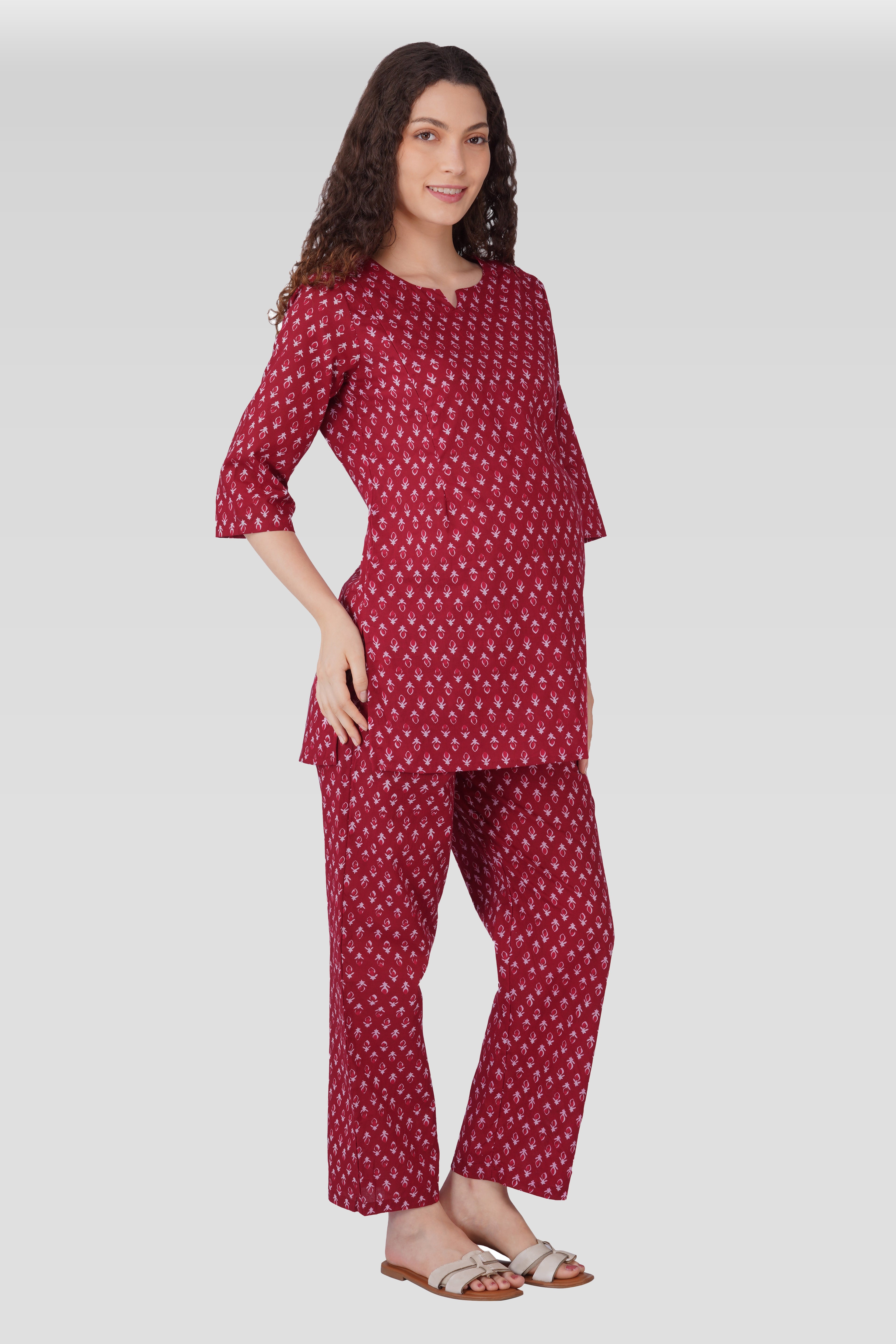 Maroon Butta Cotton Printed Maternity and Feeding Pyjama Set