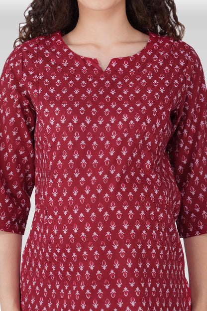 Maroon Butta Cotton Printed Maternity and Feeding Pyjama Set