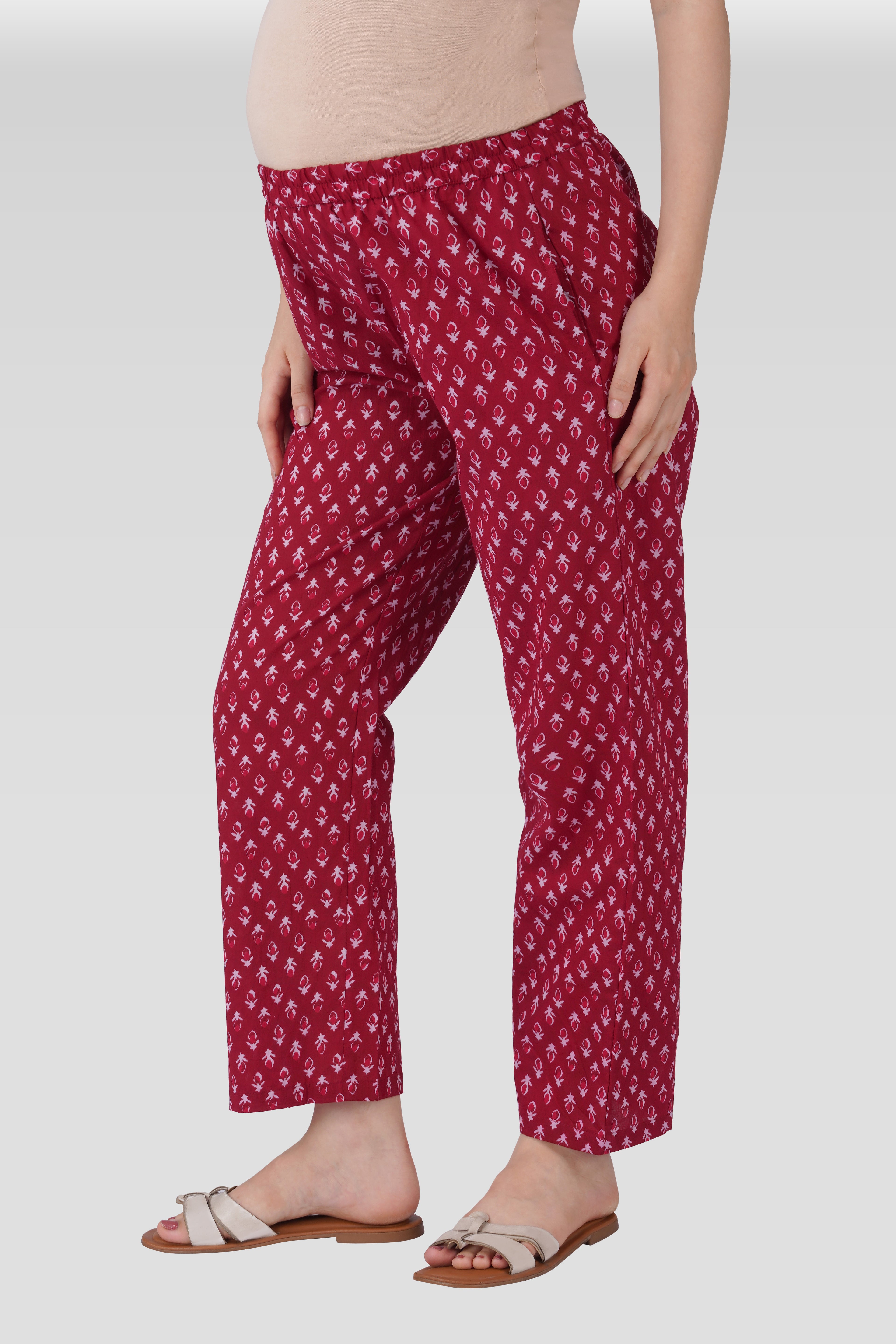 Maroon Butta Cotton Printed Maternity and Feeding Pyjama Set