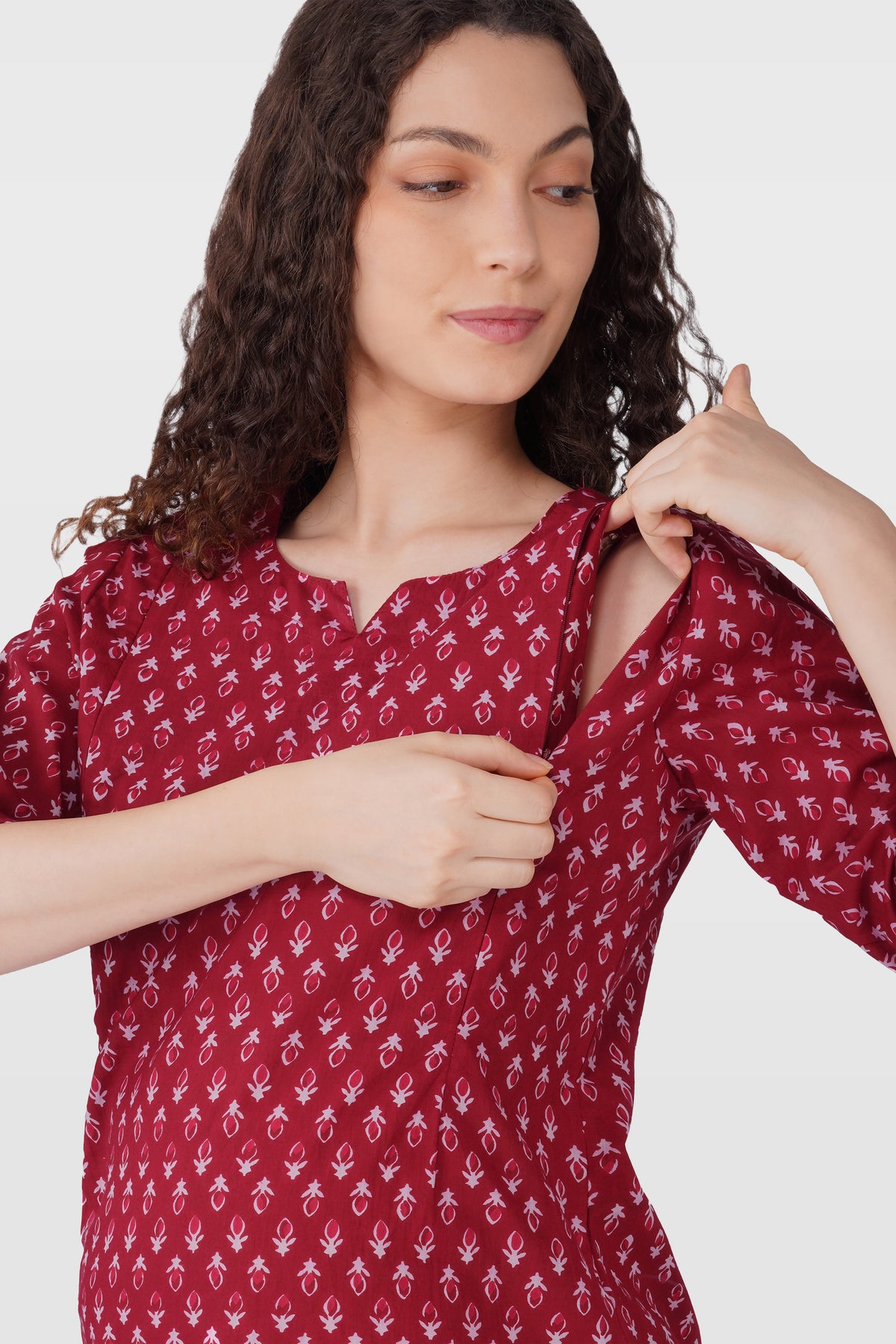 Maroon Butta Cotton Printed Maternity and Feeding Pyjama Set