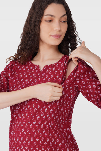 Maroon Butta Cotton Printed Maternity and Feeding Pyjama Set