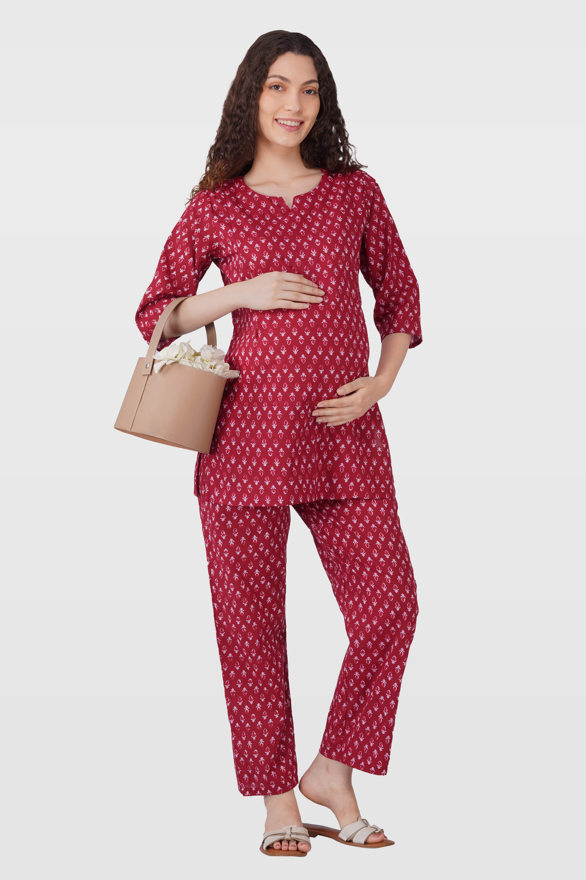 Maroon Butta Cotton Printed Maternity and Feeding Pyjama Set