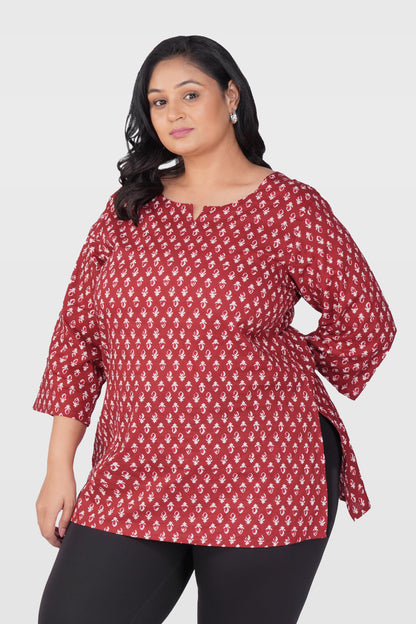 Maroon Butta Plus Size Cotton Printed Kurti
