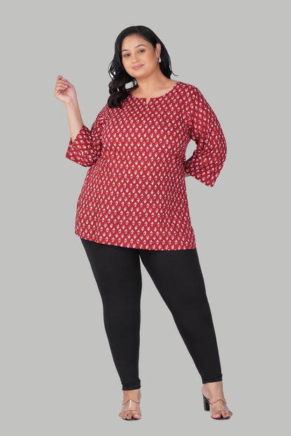 Maroon Butta Plus Size Cotton Printed Kurti