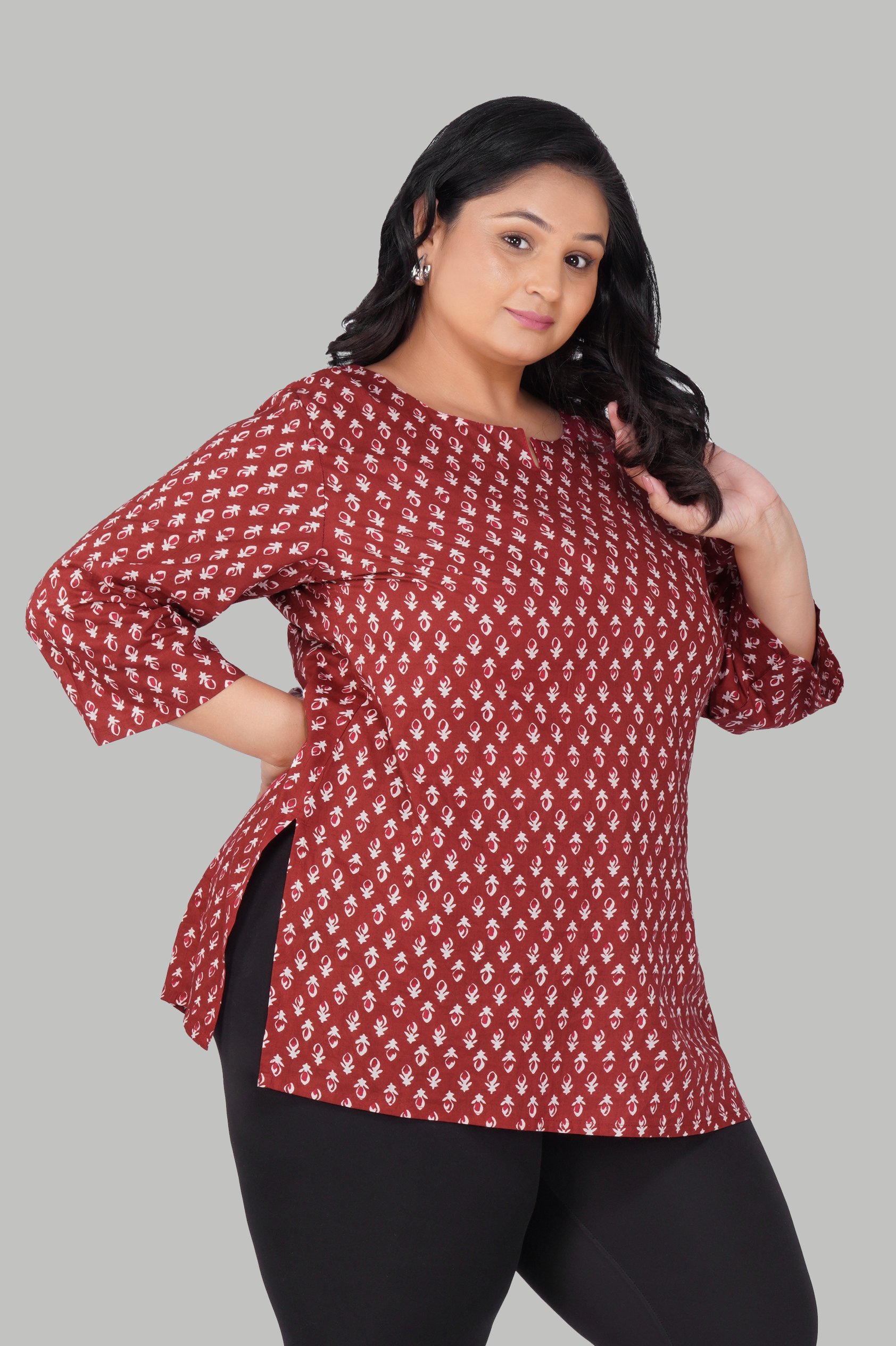 Maroon Butta Plus Size Cotton Printed Kurti