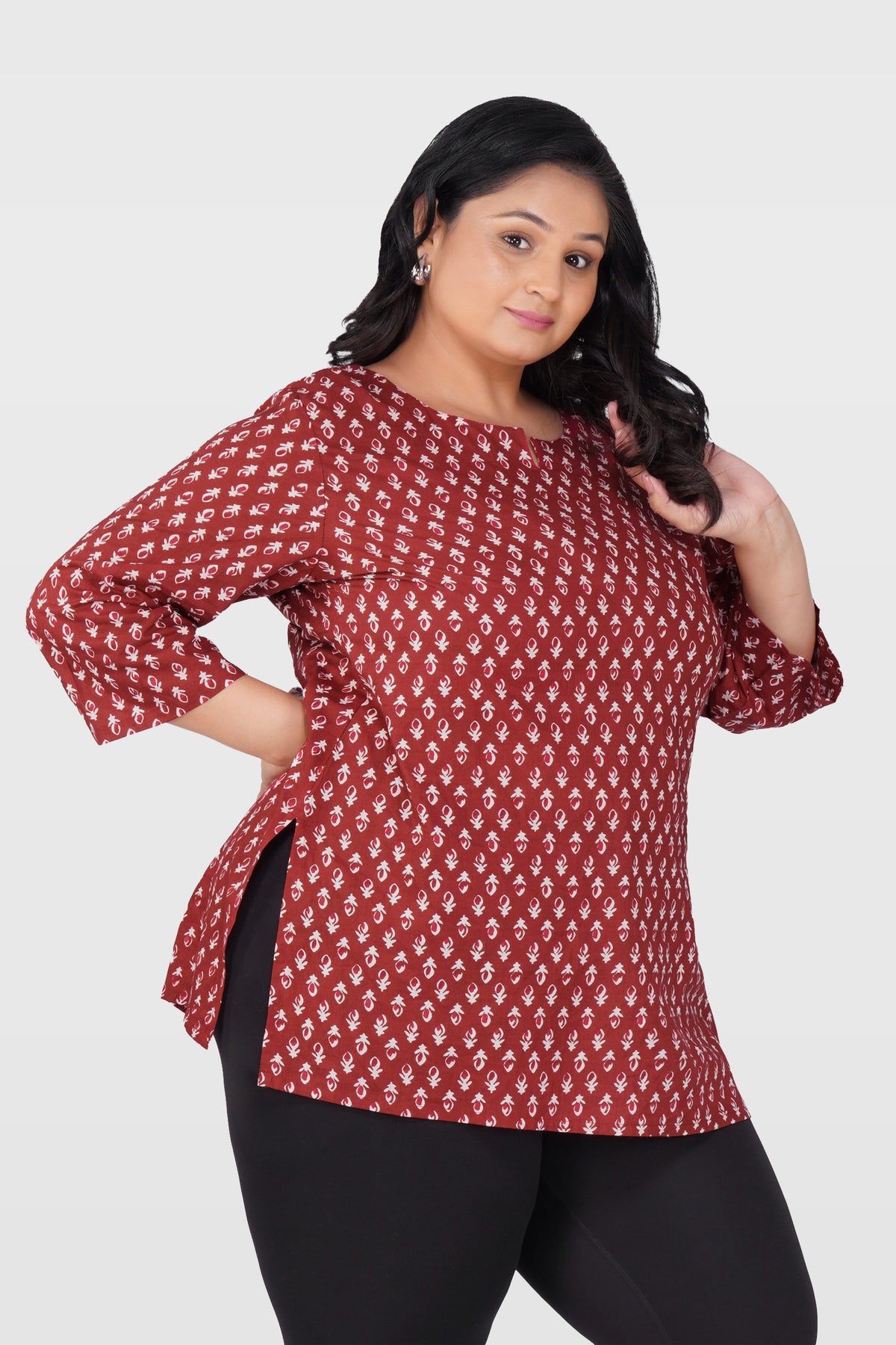 Maroon Butta Plus Size Cotton Printed Kurti