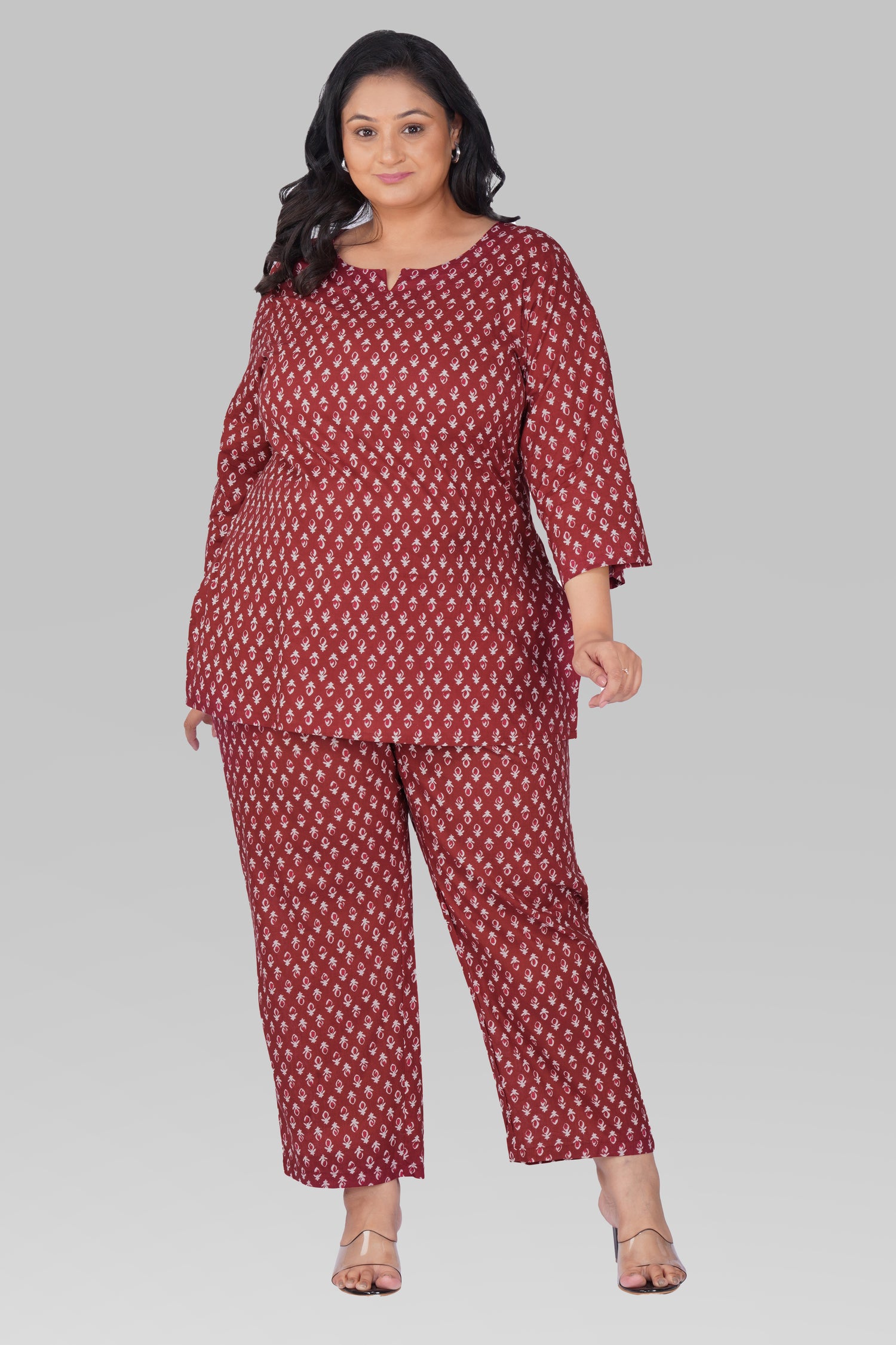 Maroon Butta Plus Size Cotton Printed Pyjama Set