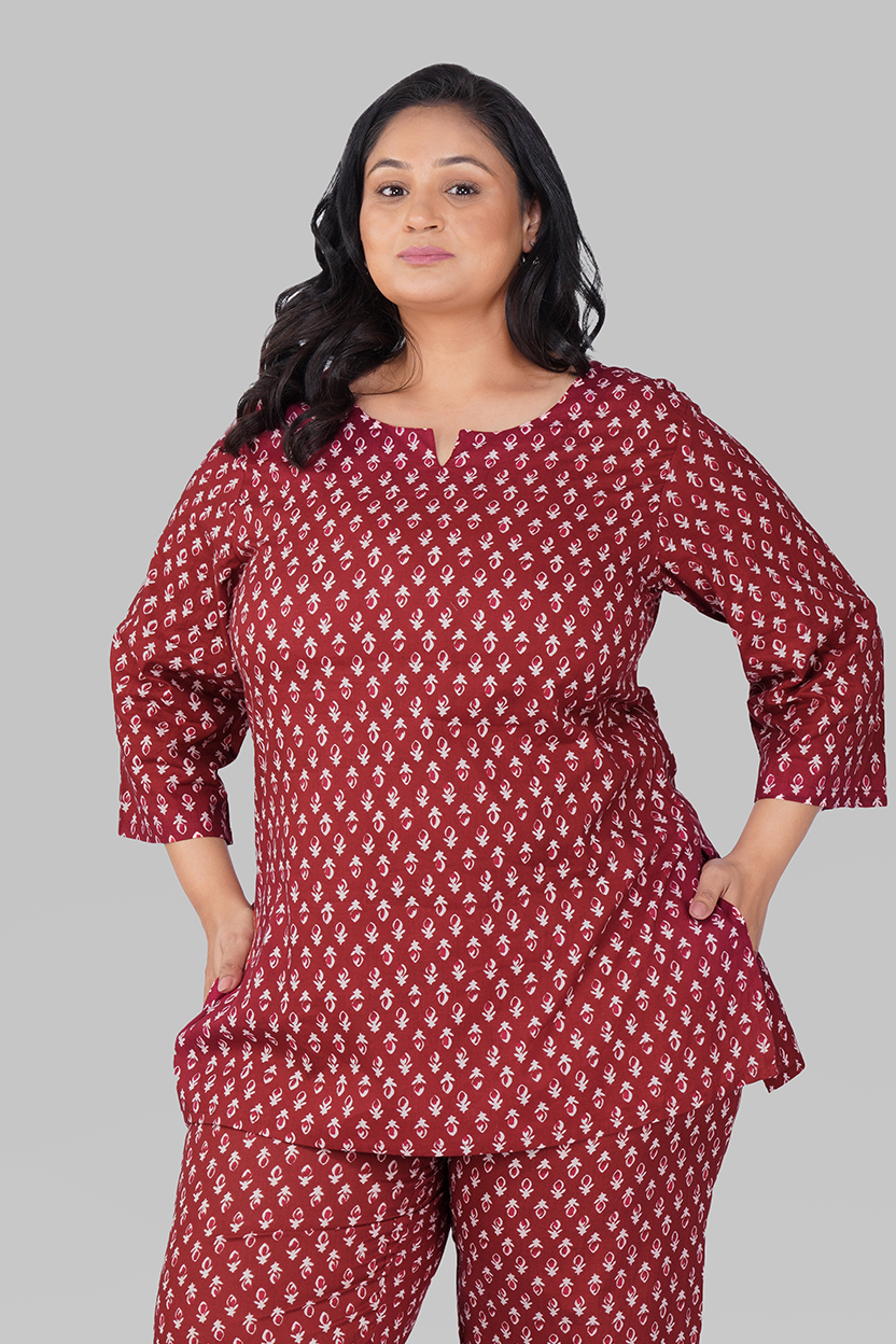 Maroon Butta Plus Size Cotton Printed Pyjama Set