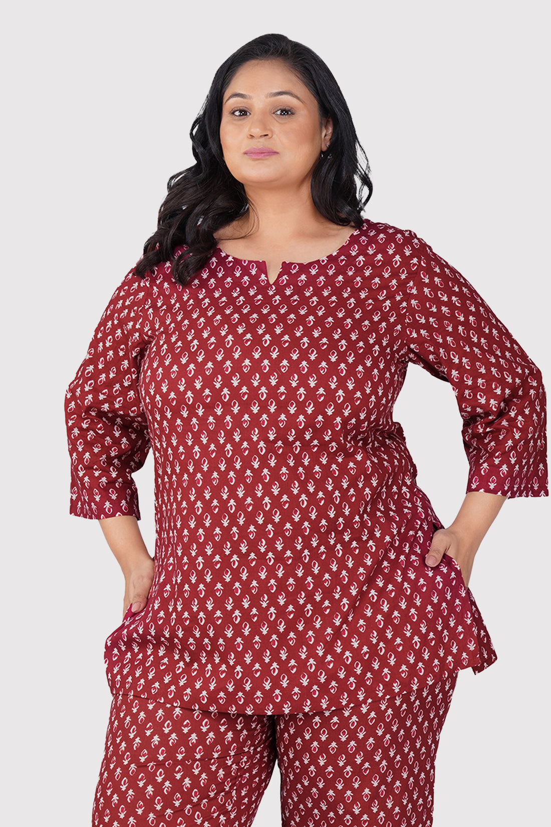 Maroon Butta Plus Size Cotton Printed Pyjama Set