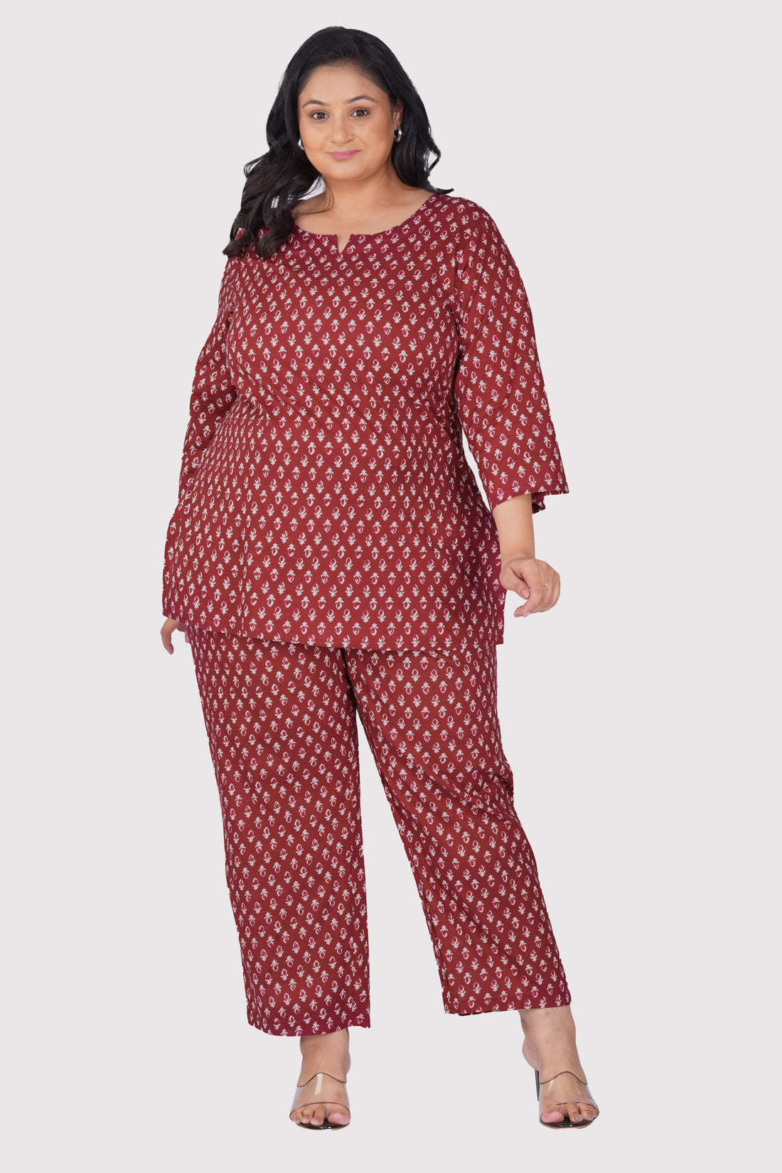 Maroon Butta Plus Size Cotton Printed Pyjama Set