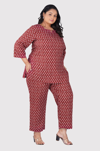 Maroon Butta Plus Size Cotton Printed Pyjama Set