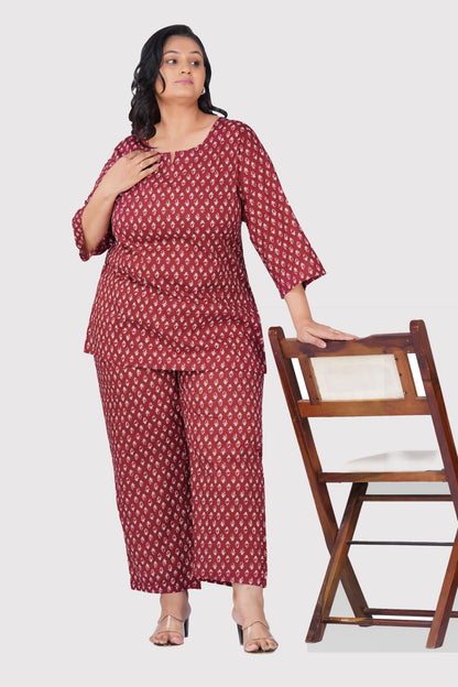 Maroon Butta Plus Size Cotton Printed Pyjama Set