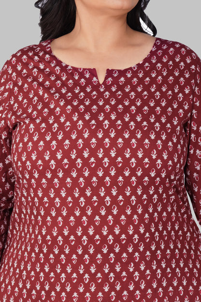 Maroon Butta Plus Size Cotton Printed Pyjama Set