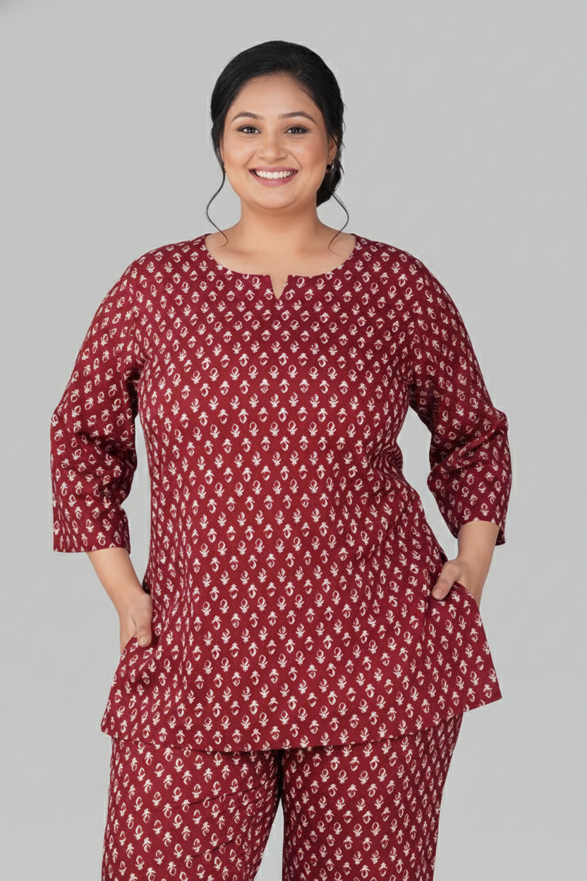 Maroon Butta Plus Size Cotton Printed Pyjama Set
