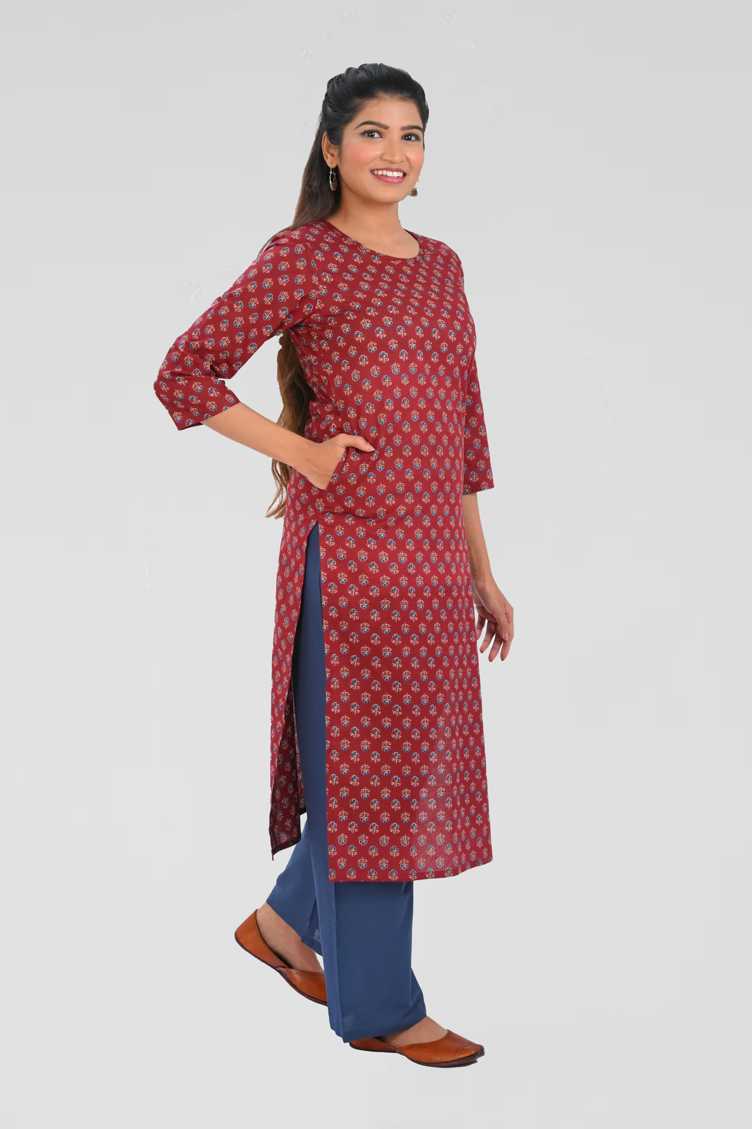 Maroon Cotton Printed Kurta Set