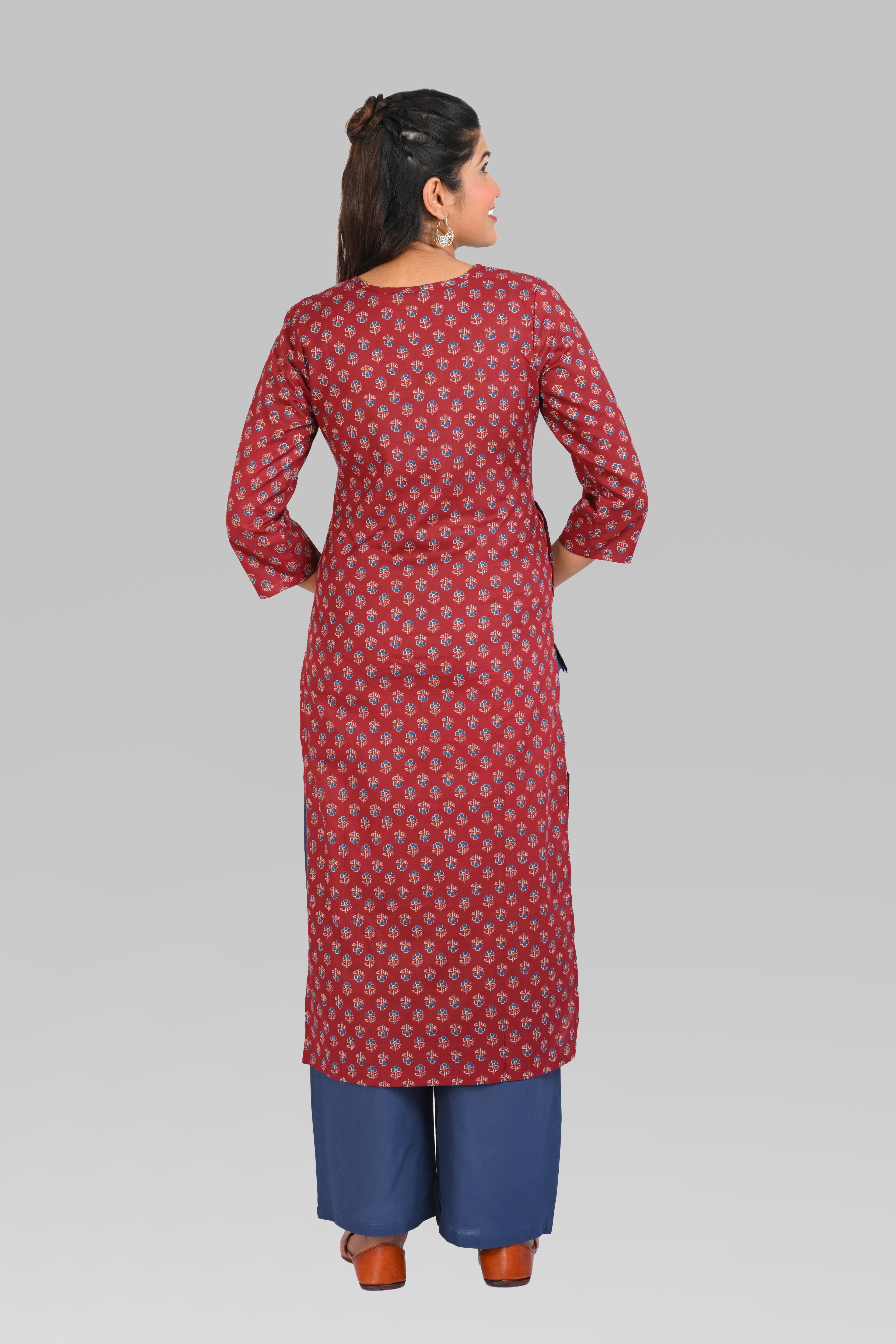 Maroon Cotton Printed Kurta Set