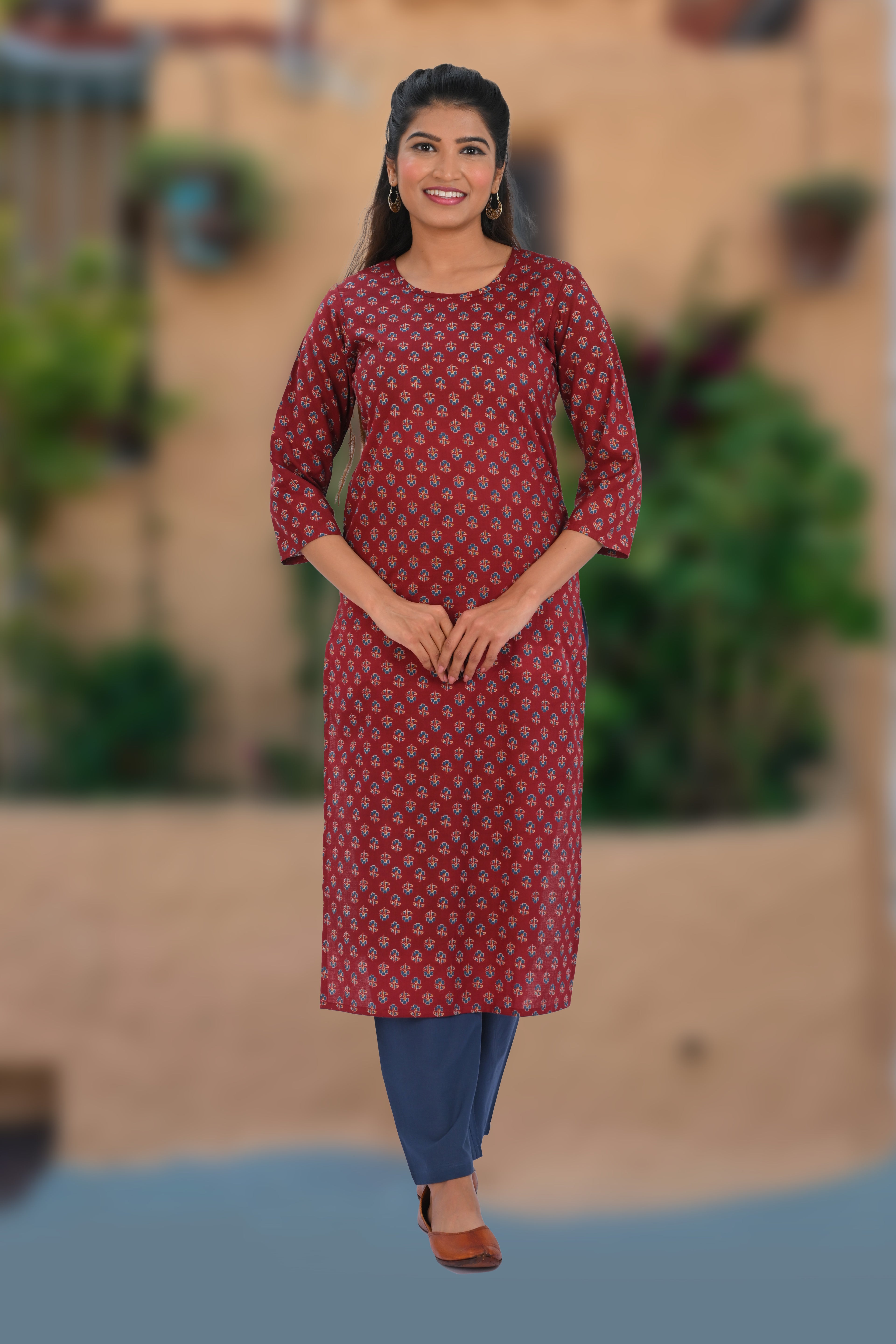 Maroon Cotton Printed Kurta Set