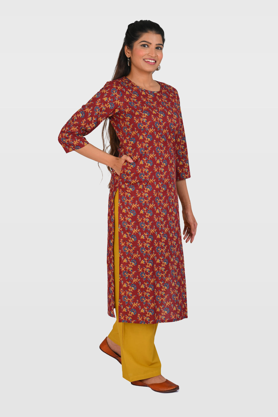Maroon Cotton Printed Kurta Set
