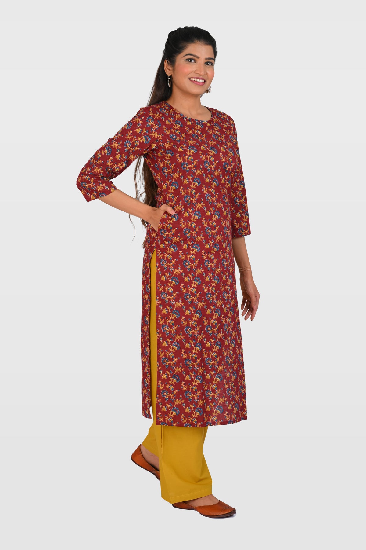 Maroon Cotton Printed Kurta Set