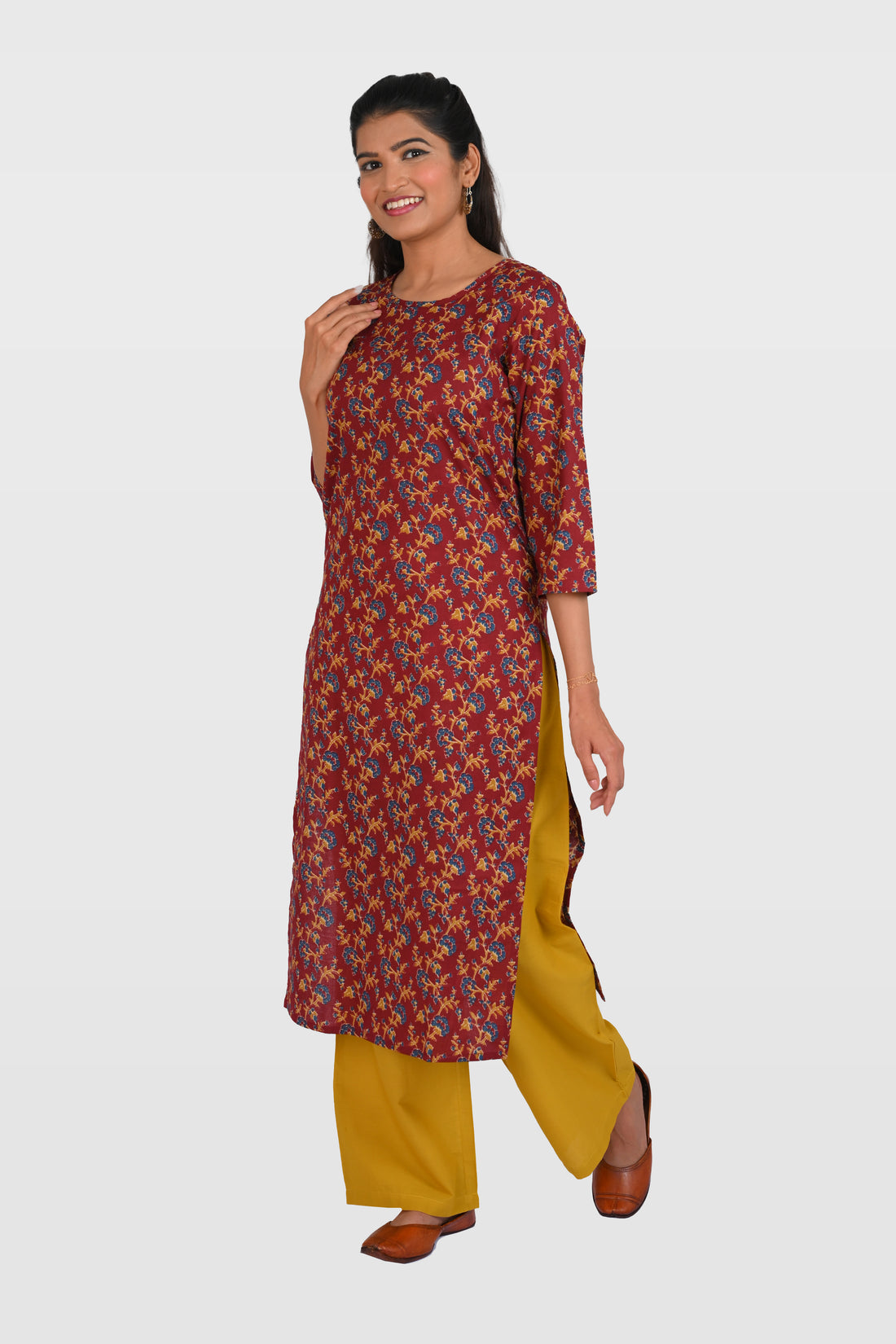 Maroon Cotton Printed Kurta Set