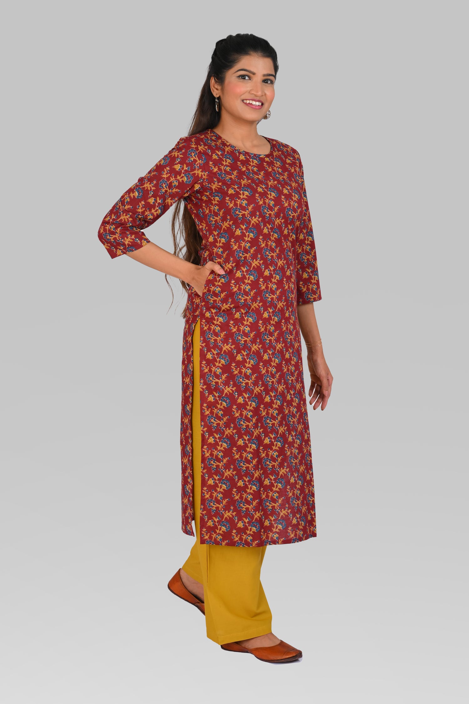 Maroon Cotton Printed Kurta Set